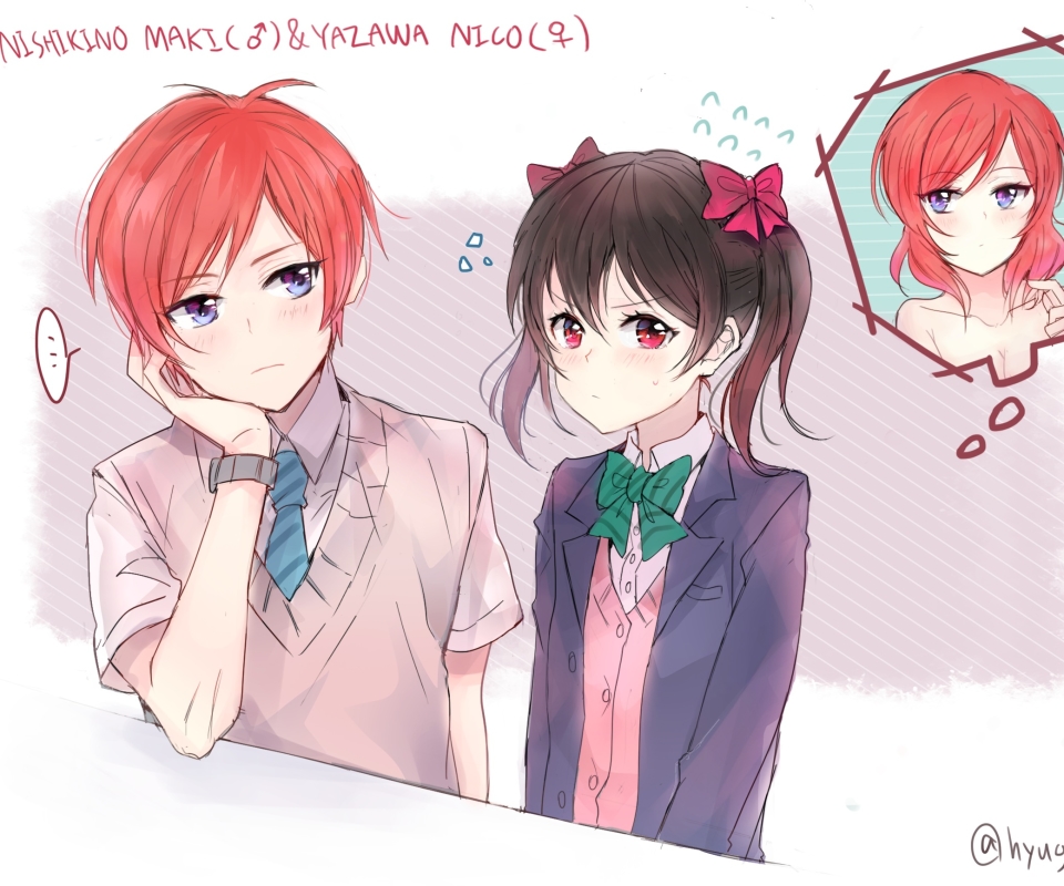 Handy-Wallpaper Blaue Augen, Schuluniform, Rote Augen, Animes, Schwarzes Haar, Kurzes Haar, Rote Haare, Twintails, Maki Nishikino, Nico Yazawa, Liebesleben! kostenlos herunterladen.