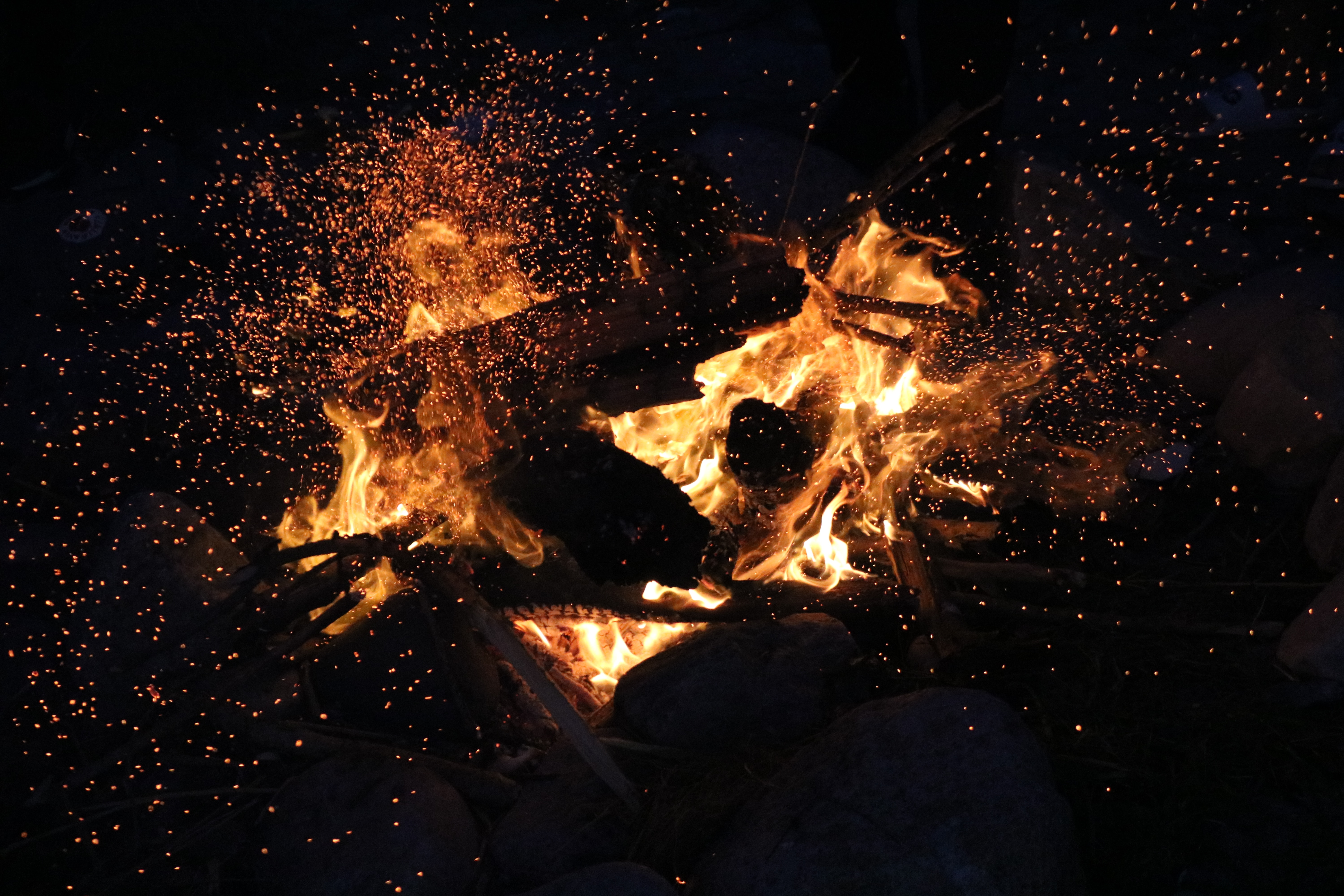 Free download wallpaper Flame, Sparks, Fire, Dark, Bonfire on your PC desktop