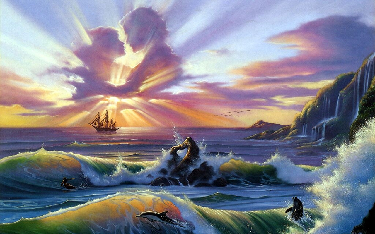 1439900 скачать картинку море, фэнтези, береговая линия, дельфин, любовь, небо, судно, лодка - обои и заставки бесплатно