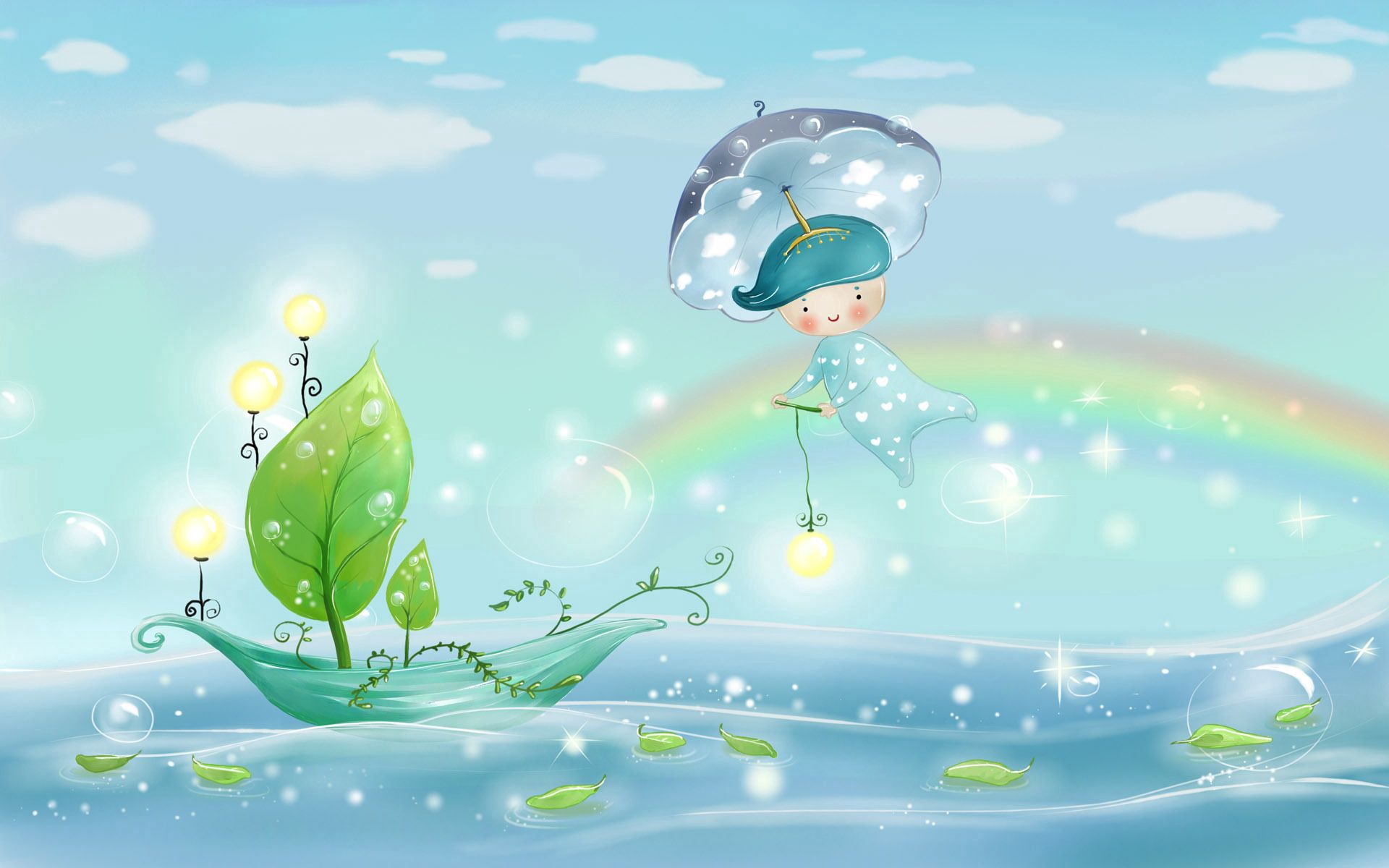 leaves, sail, picture, drawing, sea, boat, nature, water, sky, rain, bubbles, clouds, rainbow, vector, lights, shine, light, lanterns, umbrella, boy, weather