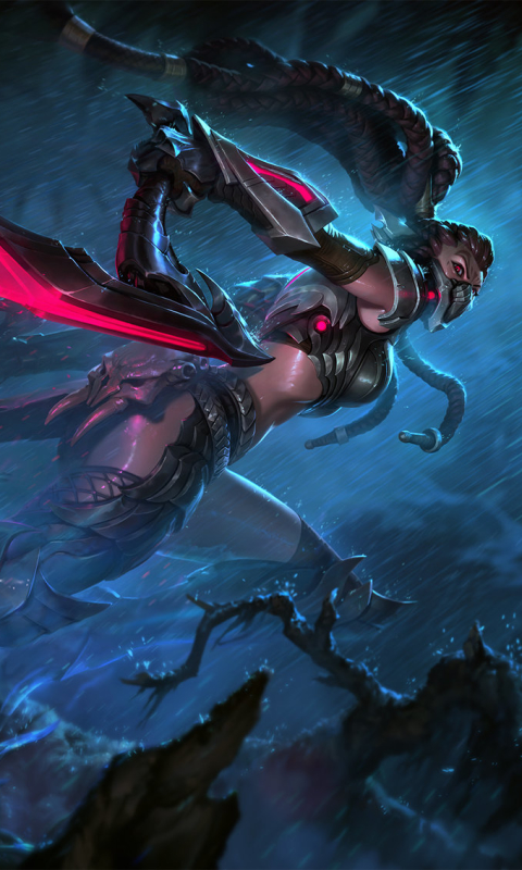 Download mobile wallpaper Rain, Weapon, League Of Legends, Dark, Glow, Video Game, Akali (League Of Legends) for free.