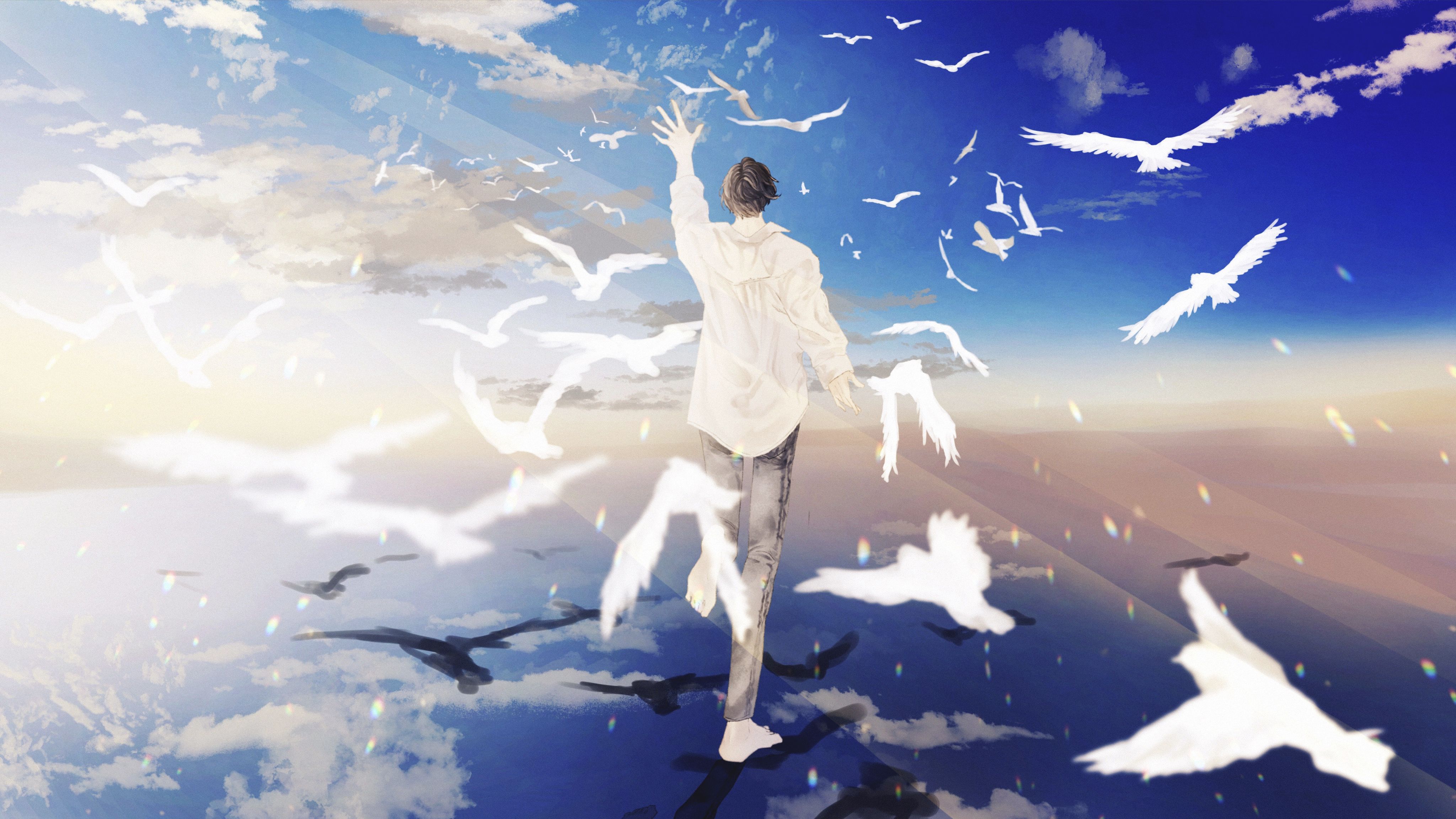 Free download wallpaper Anime, Sky, Bird, Original on your PC desktop