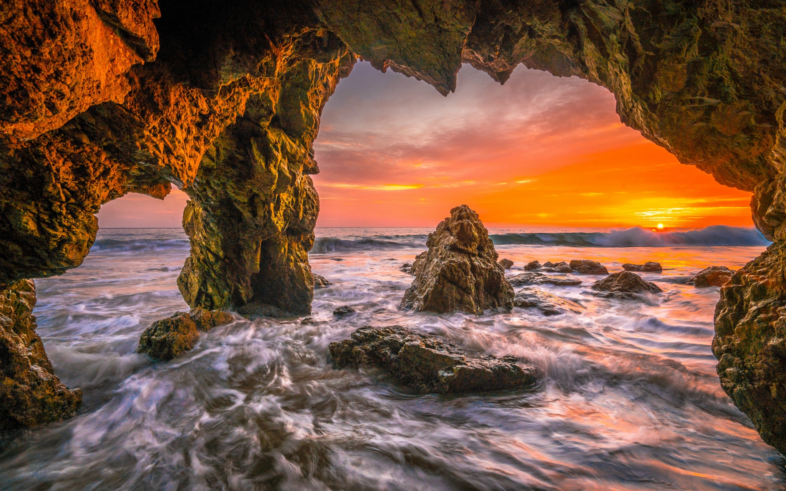 Free download wallpaper Sunset, Sea, Sun, Beach, Caves, Horizon, Ocean, Earth, Cave on your PC desktop
