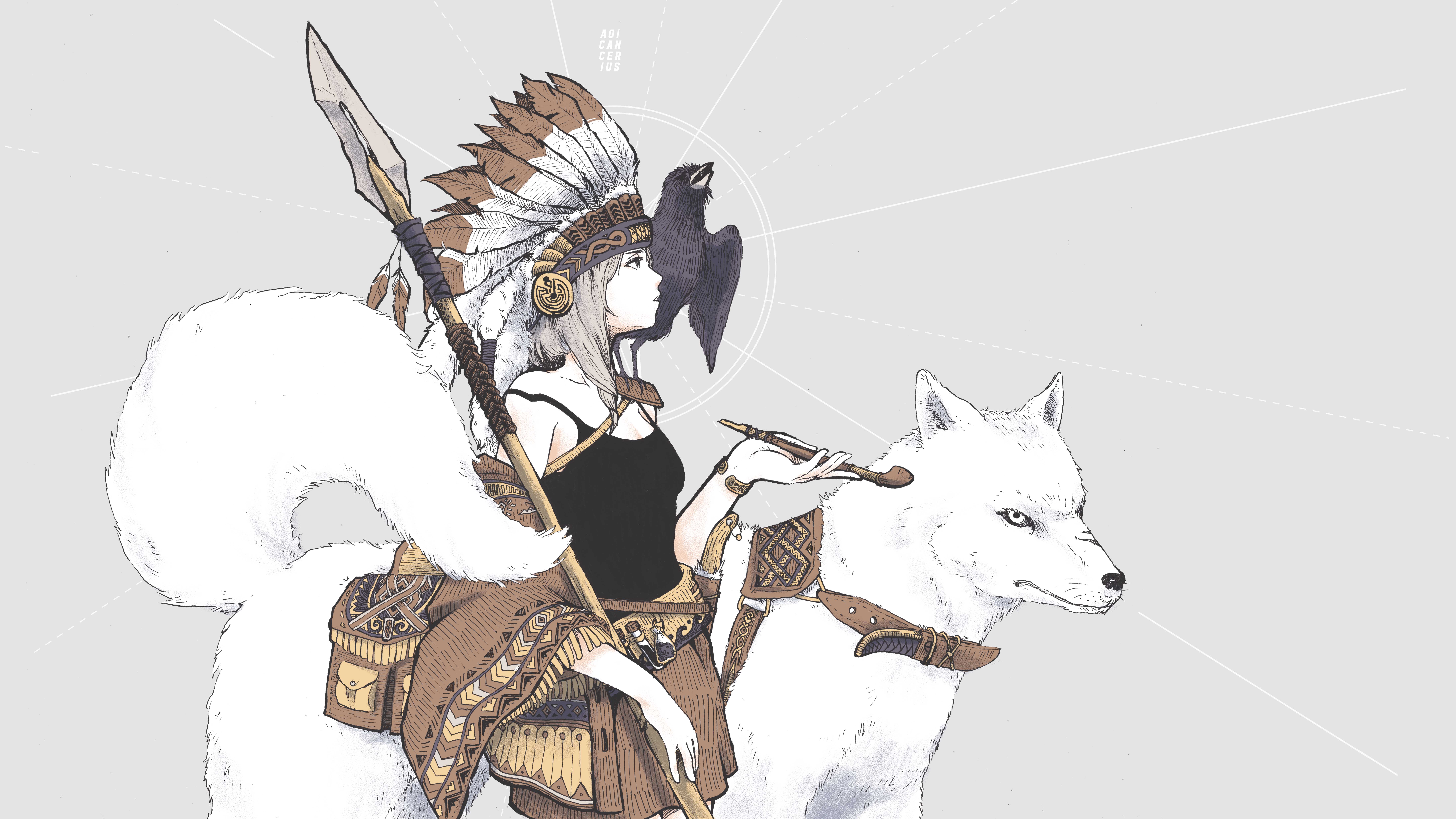 Free download wallpaper Anime, Dog, Headdress, Original, Spear, Native American on your PC desktop