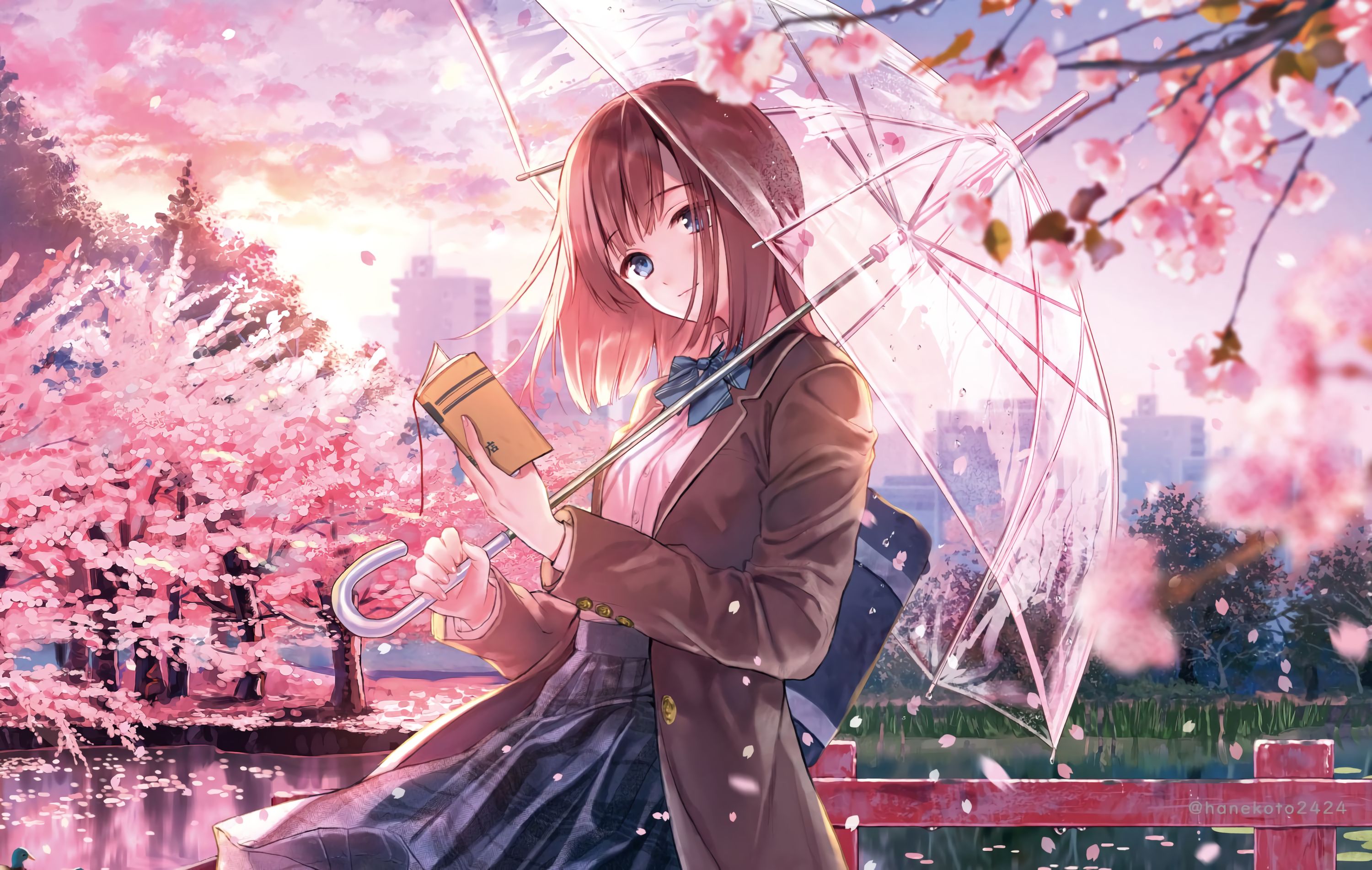 Laden Sie das Buch, Regenschirm, Original, Kirschblüte, Animes, Kurzes Haar-Bild kostenlos auf Ihren PC-Desktop herunter