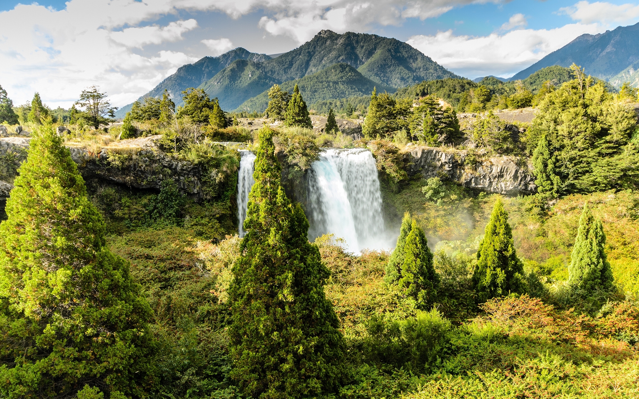 Скачать картинку Гора, Водопад, Дерево, Национальный Парк, Чили, Земля/природа в телефон бесплатно.