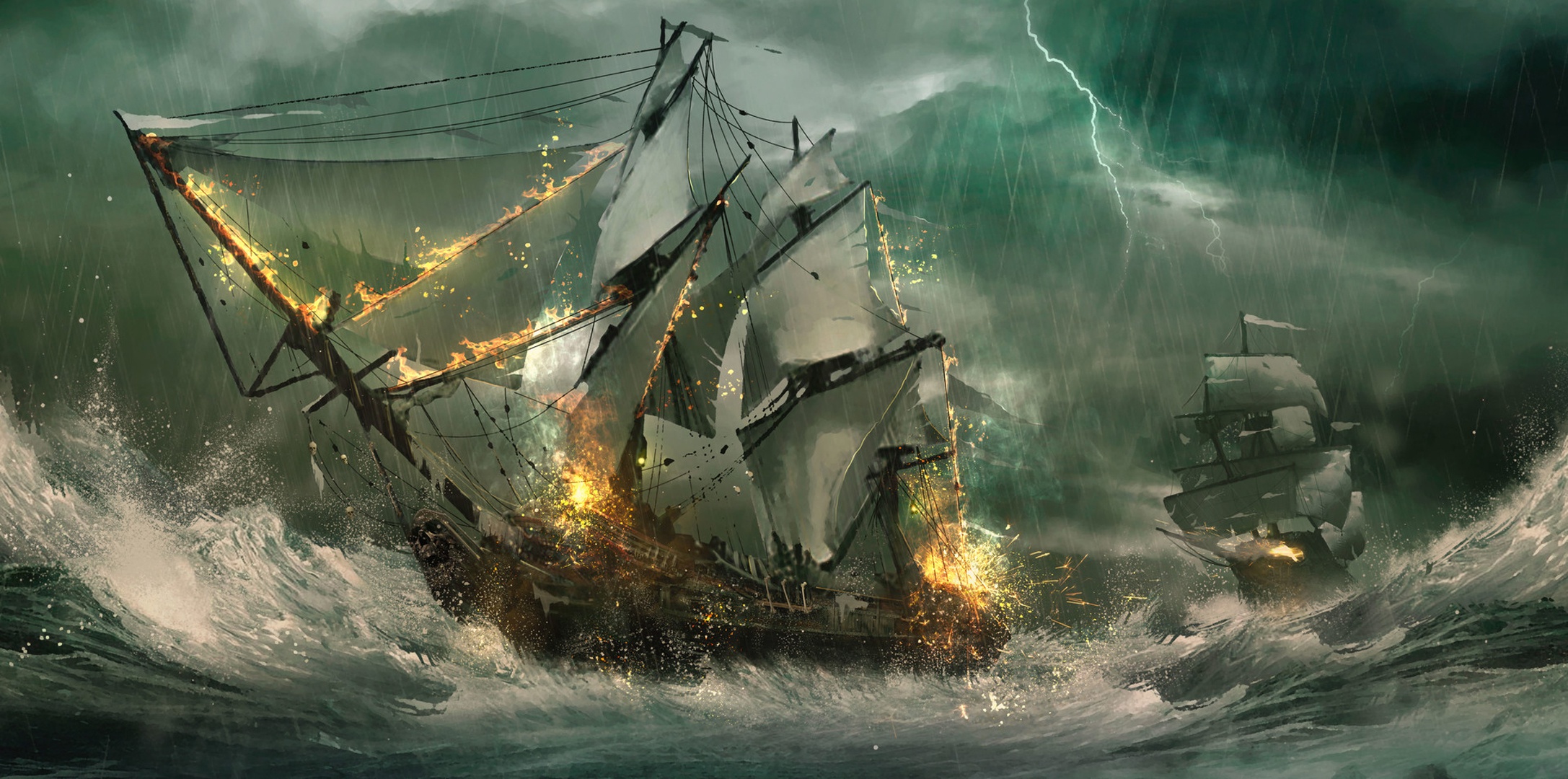 Free download wallpaper Fantasy, Rain, Fire, Lightning, Ocean, Ship, Storm, Wave on your PC desktop