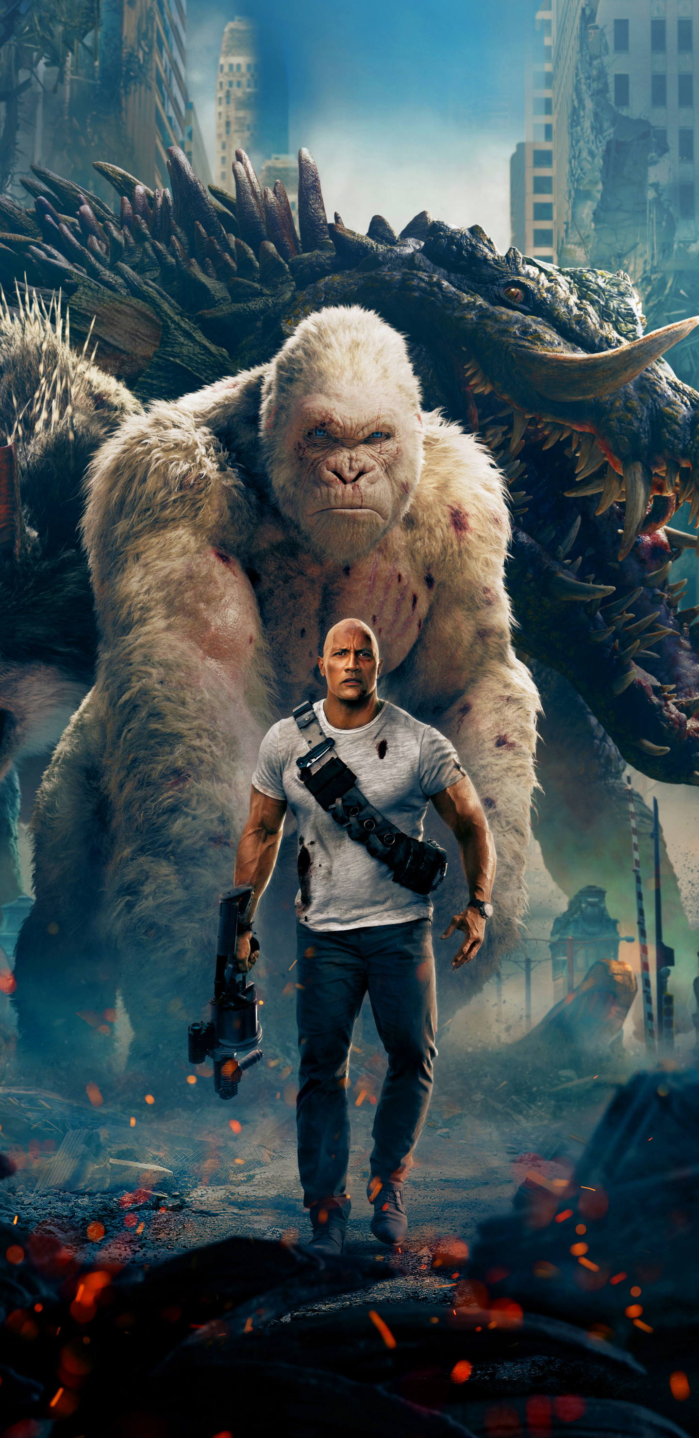 dwayne johnson, movie, rampage (2018), crocodile, gorilla, monster, rampage (movie), wolf