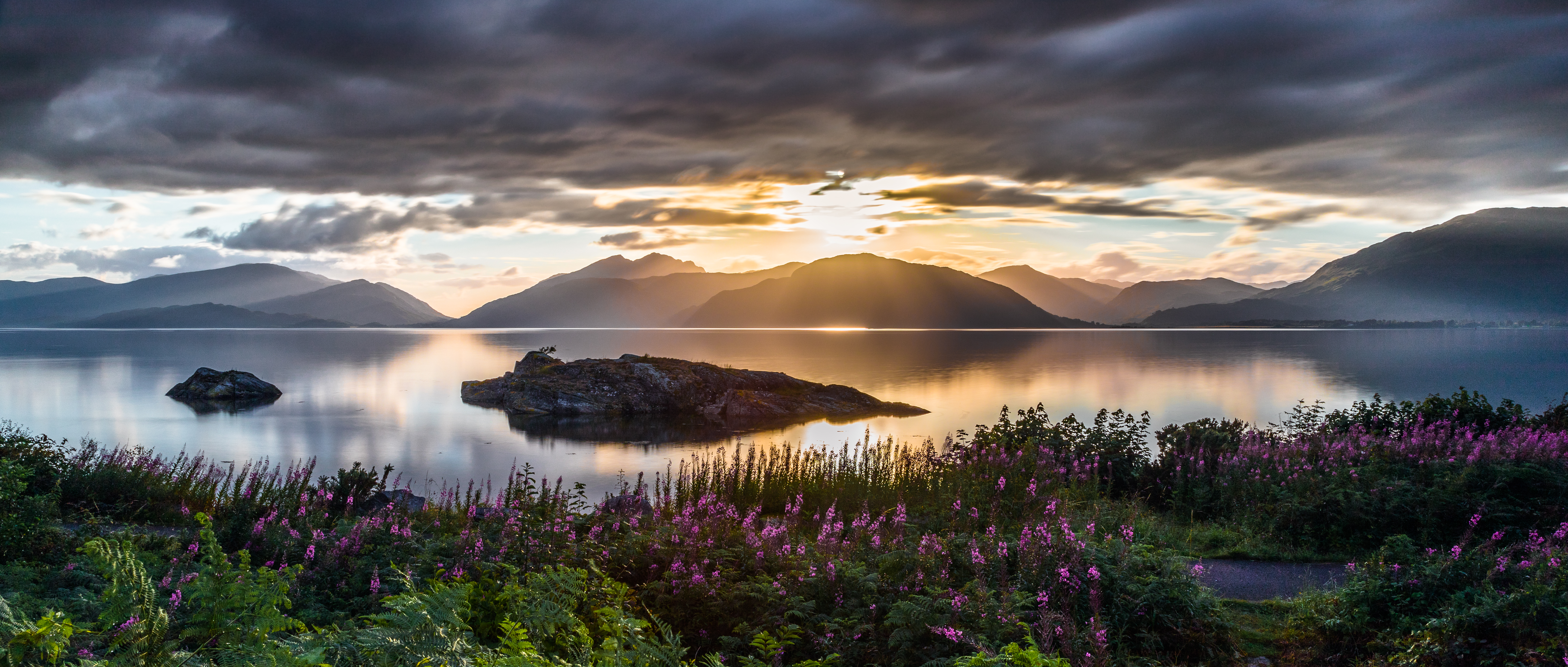 Free download wallpaper Sunset, Sky, Mountains, Nature, Sea, Flowers on your PC desktop
