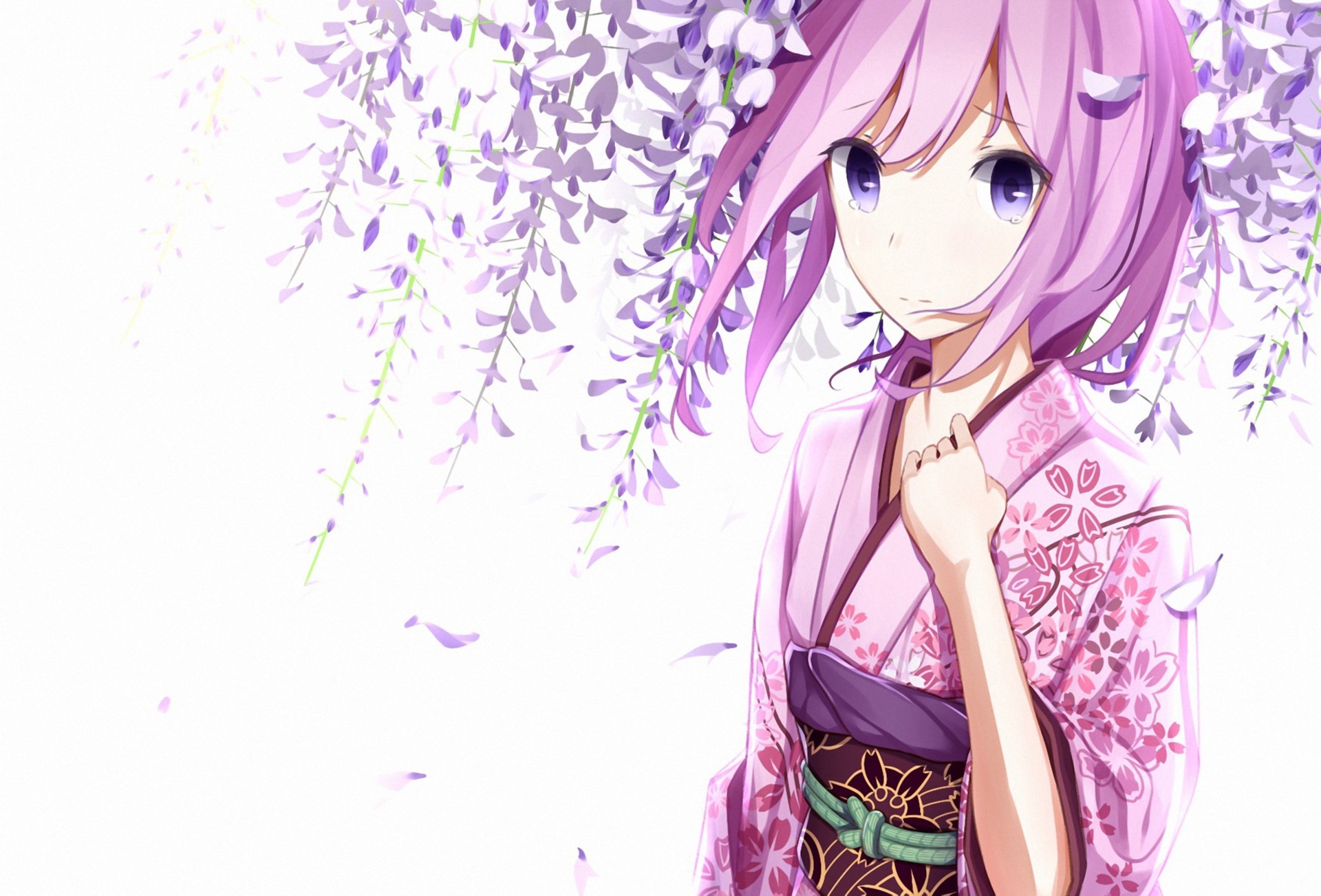Laden Sie das Vocaloid, Kimono, Blüte, Pinkes Haar, Animes, Lila Augen, Lukas Megurin-Bild kostenlos auf Ihren PC-Desktop herunter