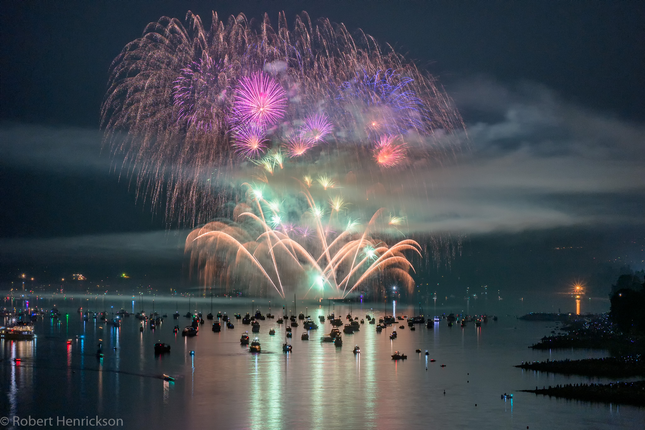 Download mobile wallpaper Sea, Night, Ocean, Boat, Colorful, Fireworks, Photography, Vancouver for free.