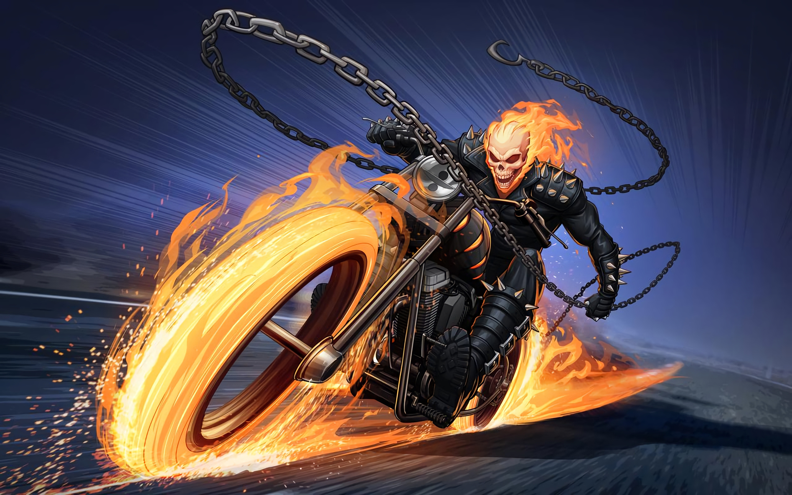 Download mobile wallpaper Fire, Ghost Rider, Bike, Chain, Comics for free.