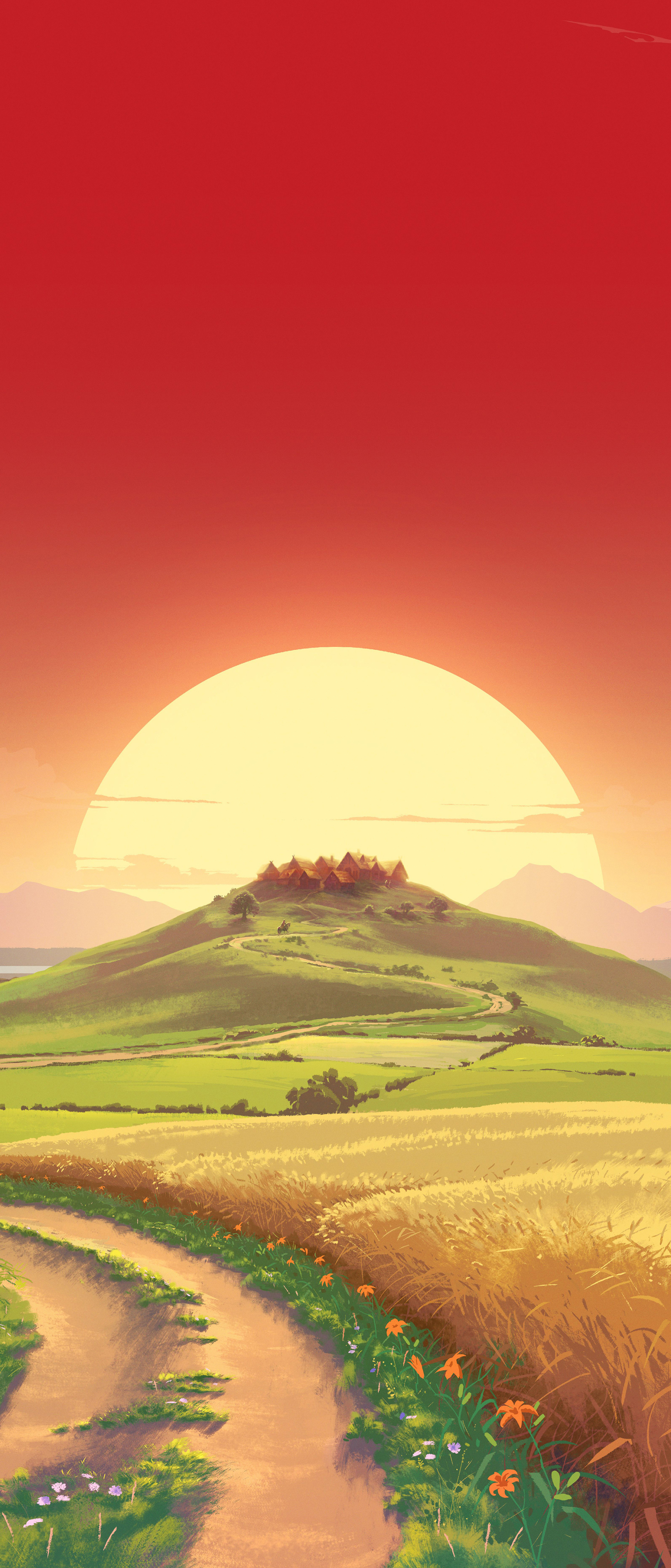 Download mobile wallpaper Landscape, Sunset, Sun, Hill, Artistic for free.