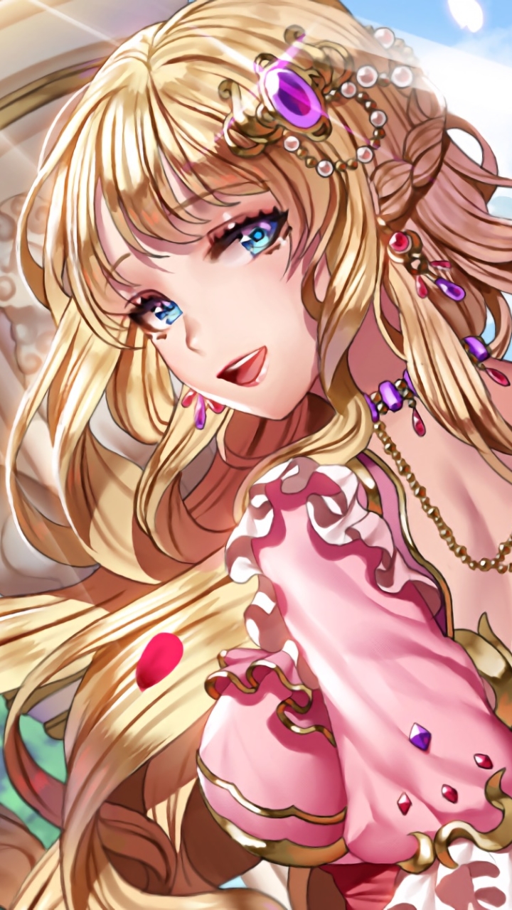 Download mobile wallpaper Anime, Jewelry, Smile, Blonde, Original, Long Hair, Aqua Eyes for free.