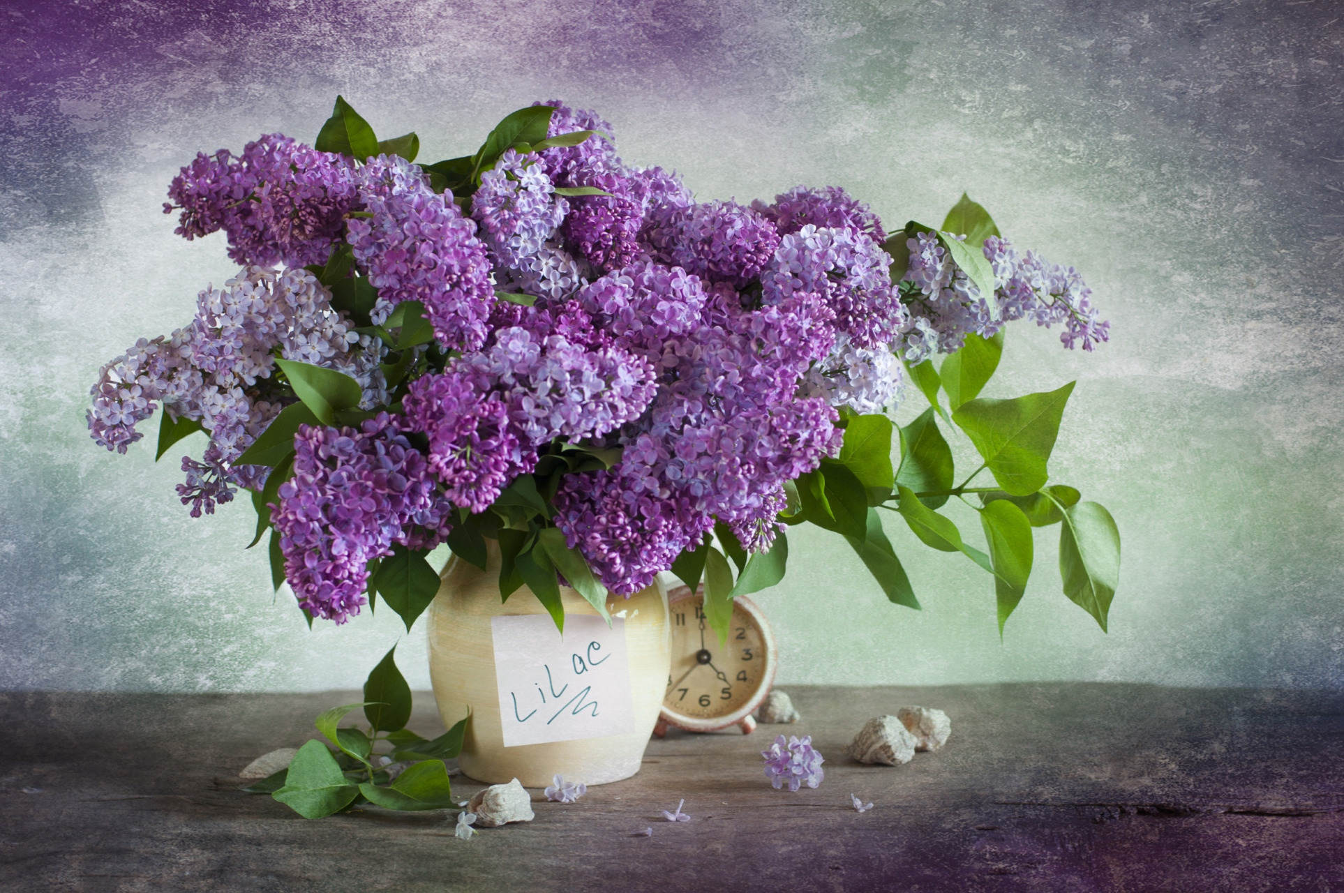 Free download wallpaper Lilac, Clock, Still Life, Flower, Leaf, Purple, Vase, Photography on your PC desktop