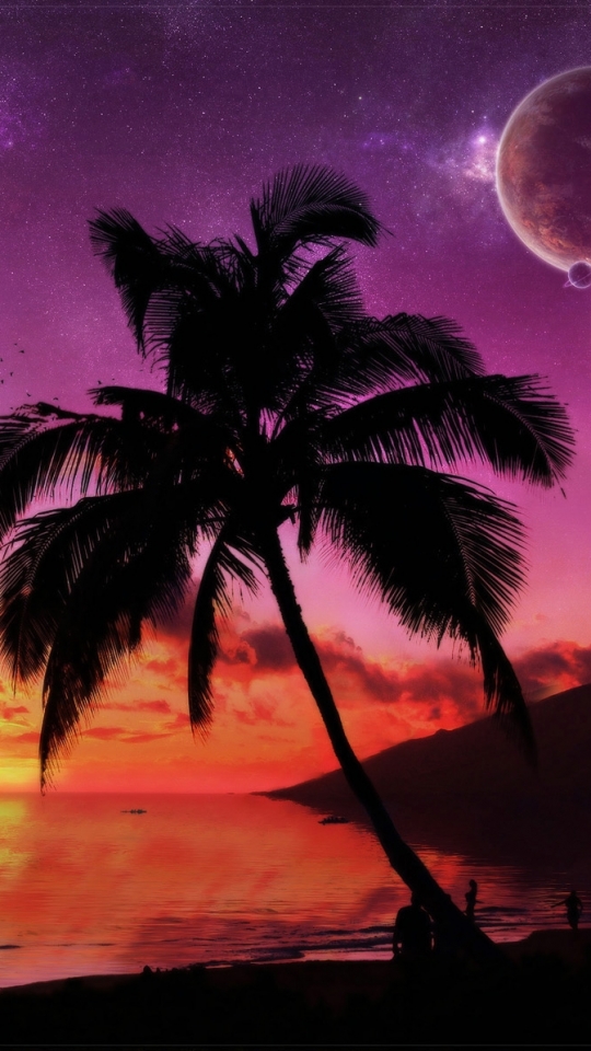 Download mobile wallpaper Water, Sunset, Tree, Ocean, Sunrise, Planet, Sci Fi, Palm Tree for free.