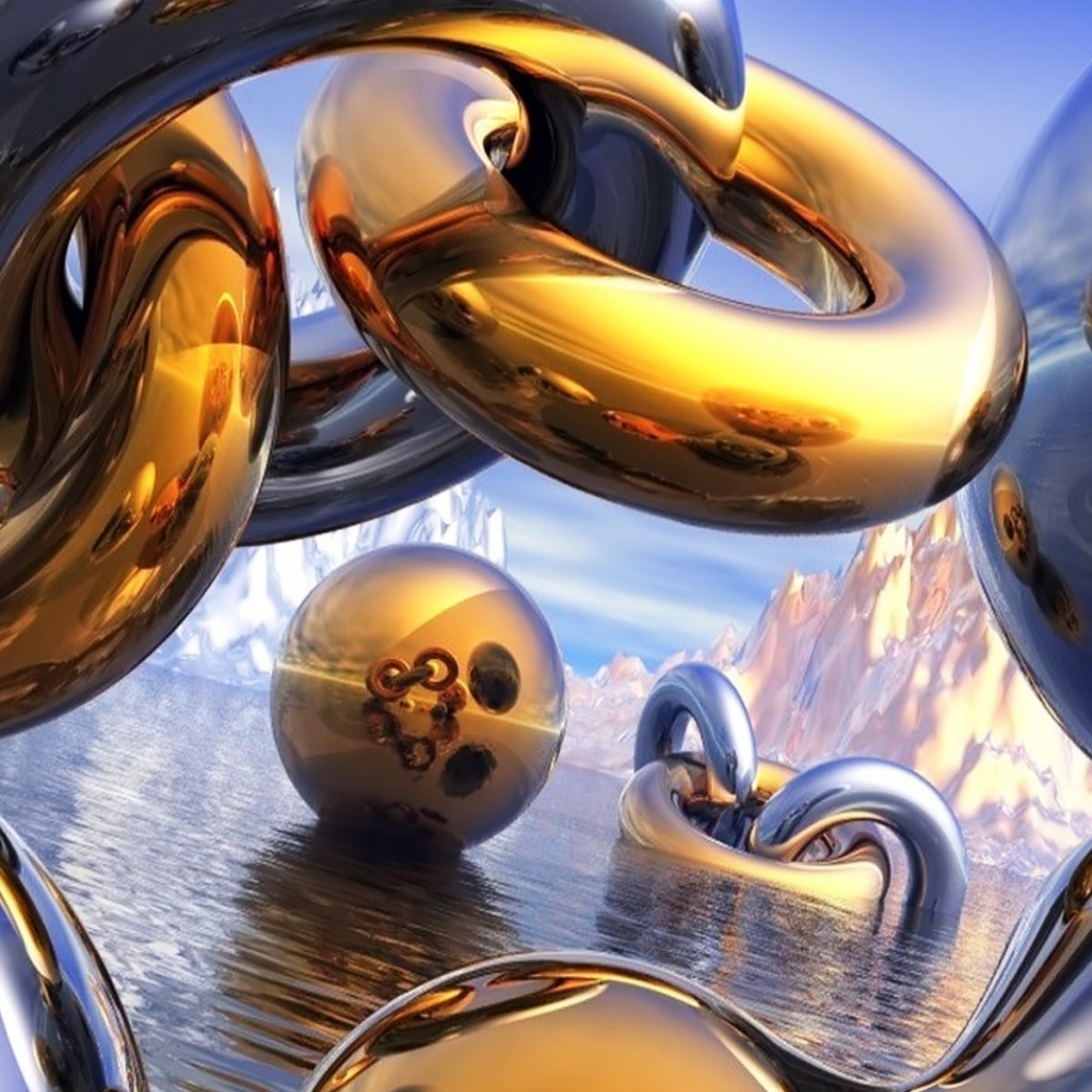 Download mobile wallpaper Abstract, Water, Gold, 3D, Metal, Sphere, Cgi for free.