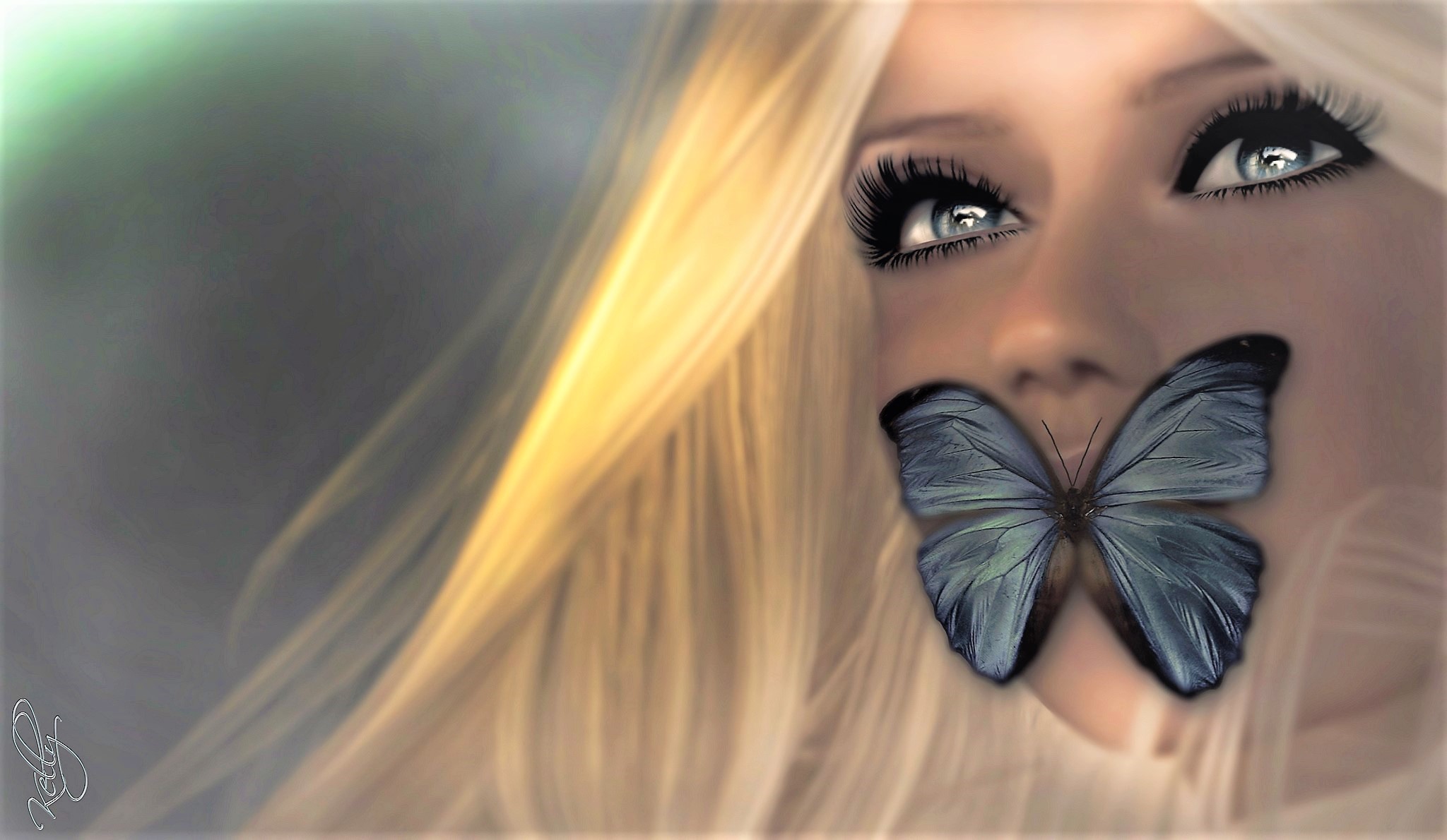 Завантажити шпалери безкоштовно Метелик, Блондинка, Обличчя, Фантазія, Блакитні Очі, Жінки картинка на робочий стіл ПК