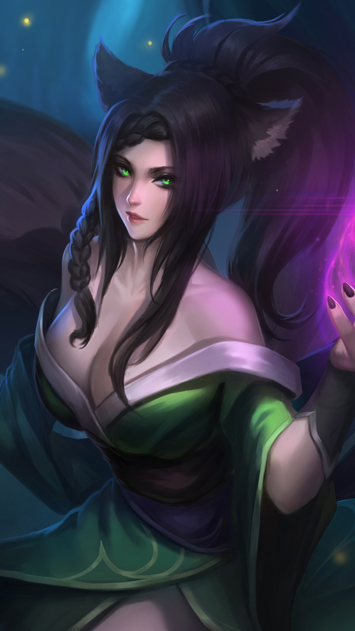 Download mobile wallpaper Fantasy, Oriental, Women, Green Eyes, Black Hair, Animal Ears for free.