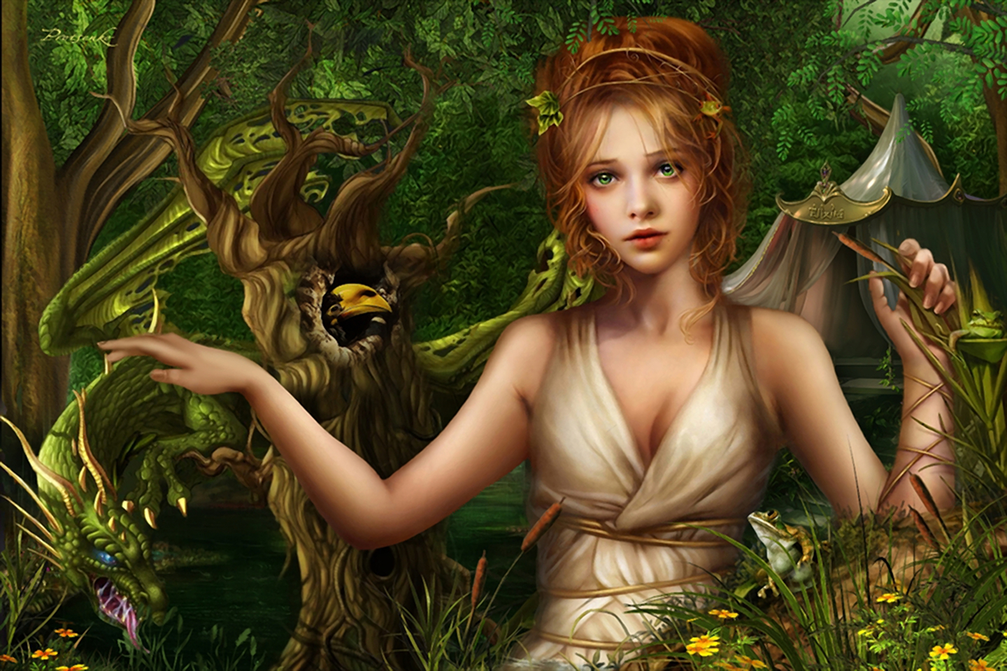 Download mobile wallpaper Nature, Fantasy, Bird, Forest, Tree, Fairy, Women, Green Eyes, Orange Hair for free.