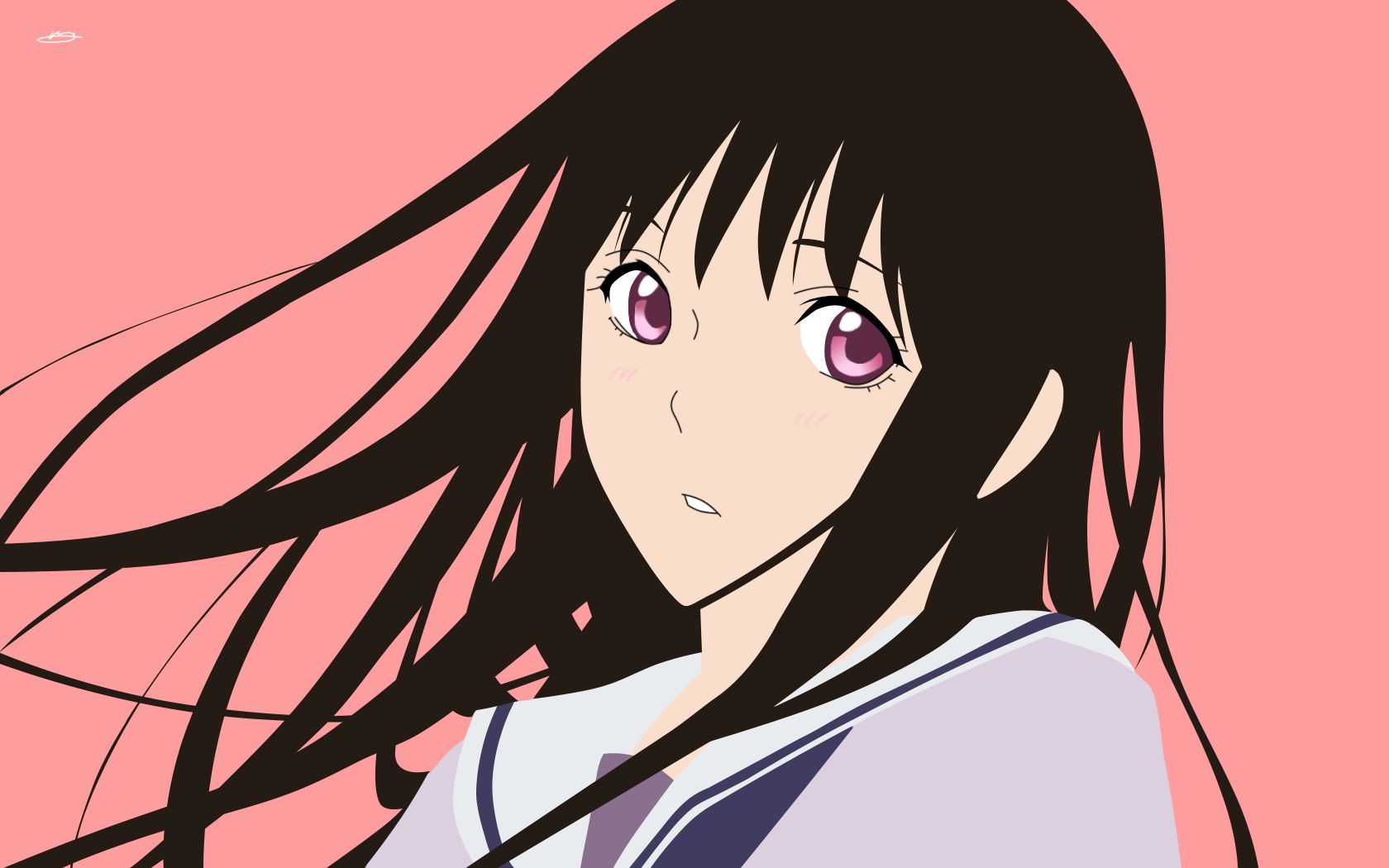 anime, noragami, blush, brown hair, hiyori iki, long hair, minimalist, pink eyes