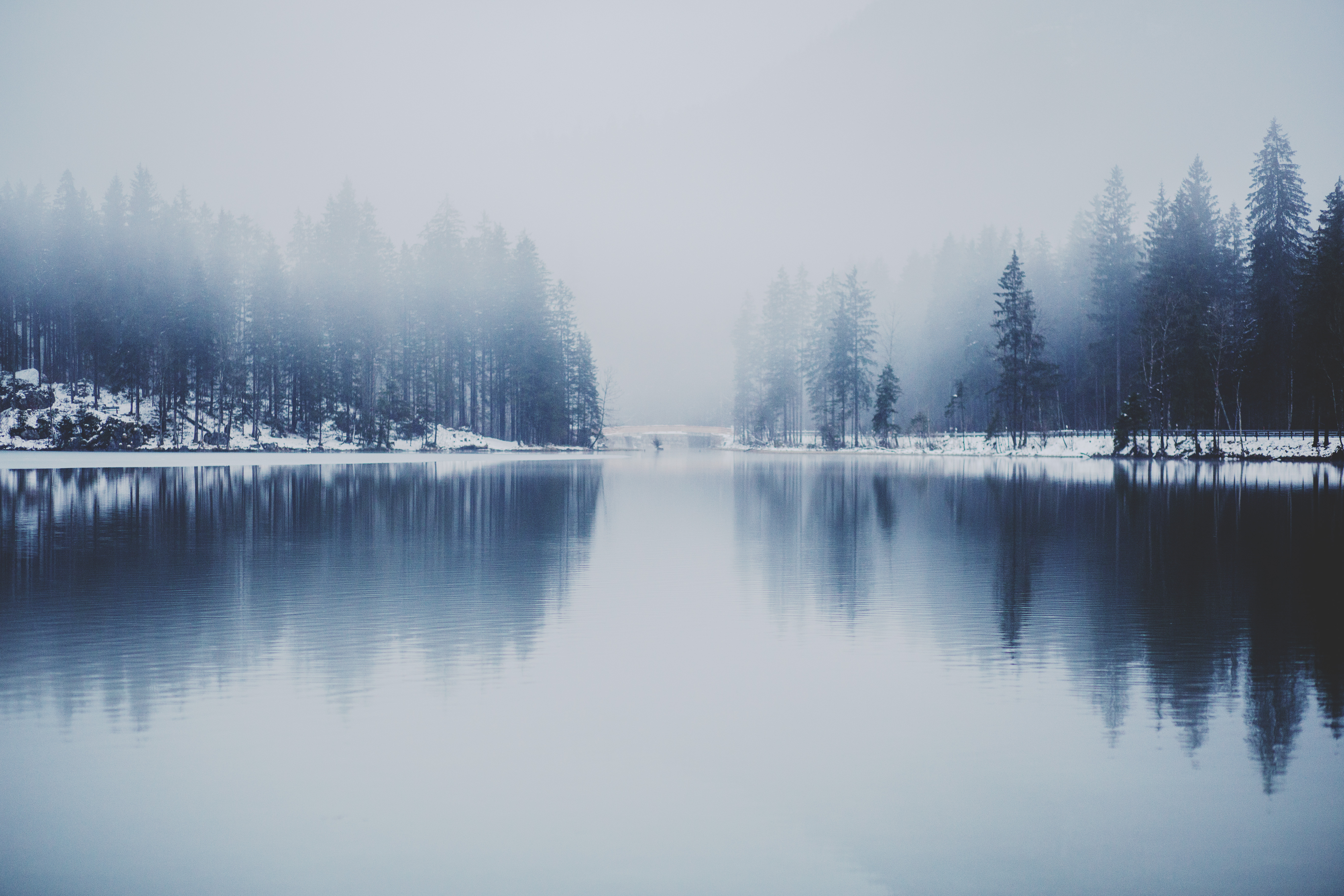 Download mobile wallpaper Winter, Lakes, Lake, Reflection, Fog, Earth for free.