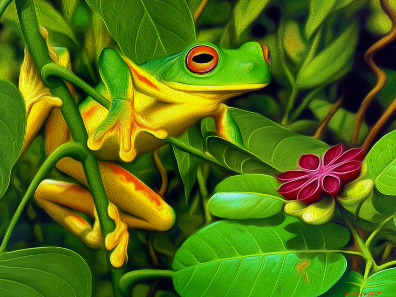Descarga gratuita de fondo de pantalla para móvil de Animales, Pintura Al Óleo, Rana Verde De Ojos Rojos.
