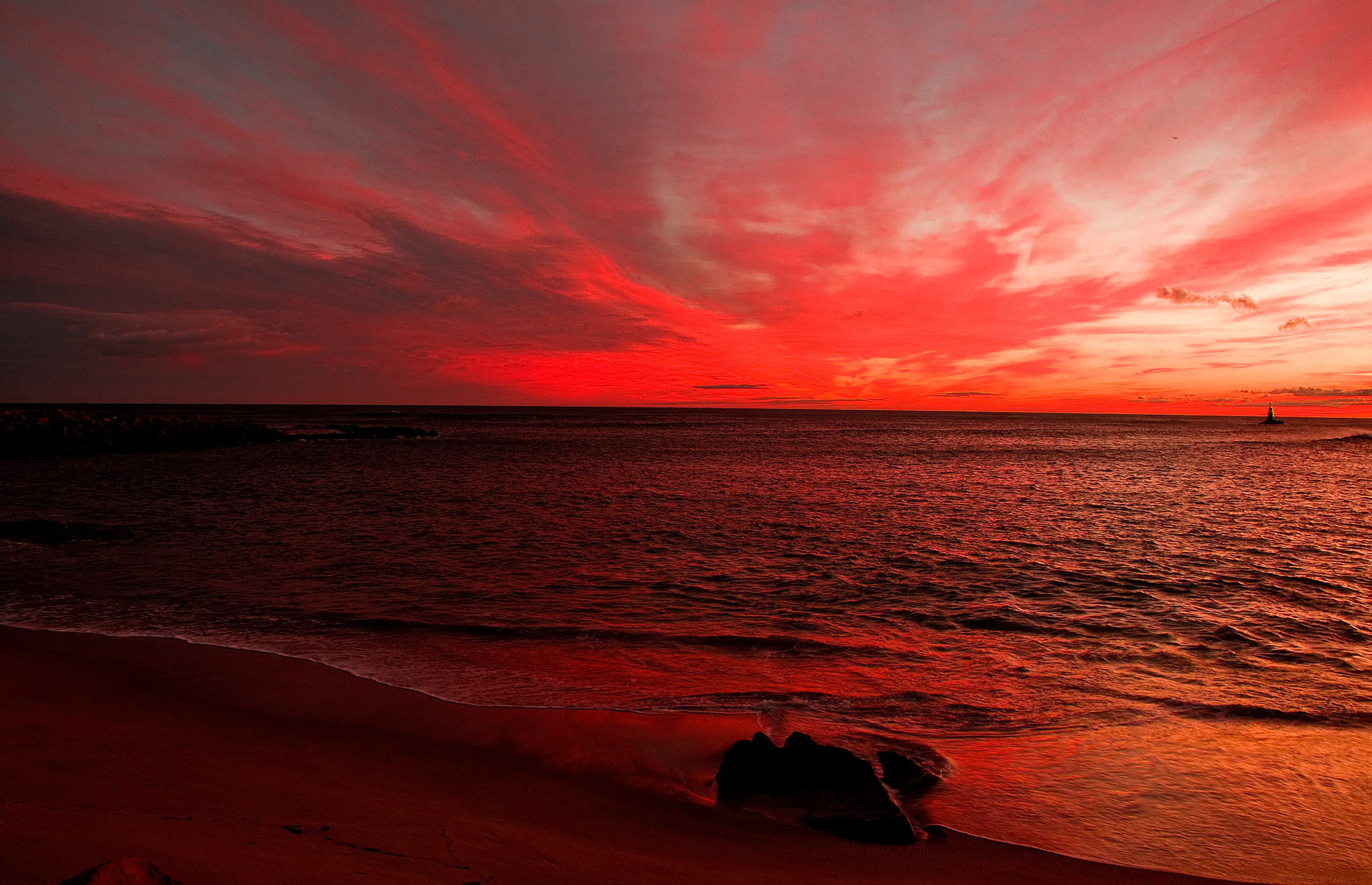 Download mobile wallpaper Nature, Sunset, Sea, Beach, Horizon, Ocean, Earth, Orange (Color) for free.