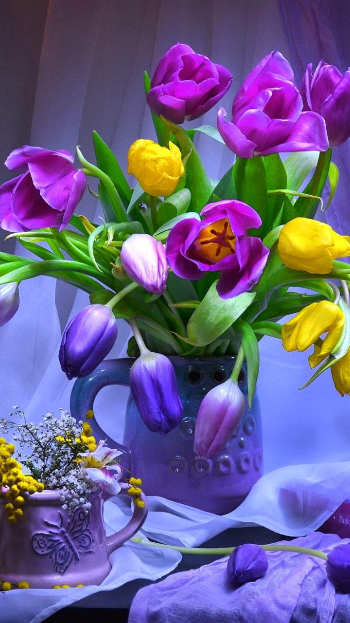 Download mobile wallpaper Still Life, Flower, Purple, Tulip, Photography, Yellow Flower, Purple Flower, Pitcher for free.