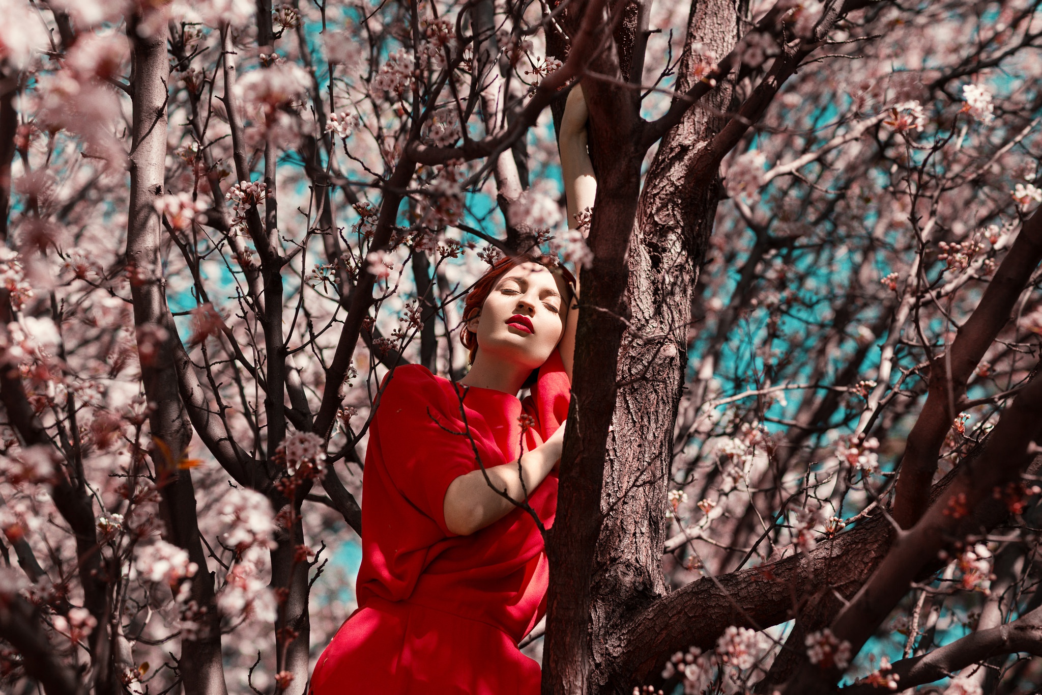 Download mobile wallpaper Spring, Mood, Model, Women, Blossom, Lipstick, Red Dress for free.