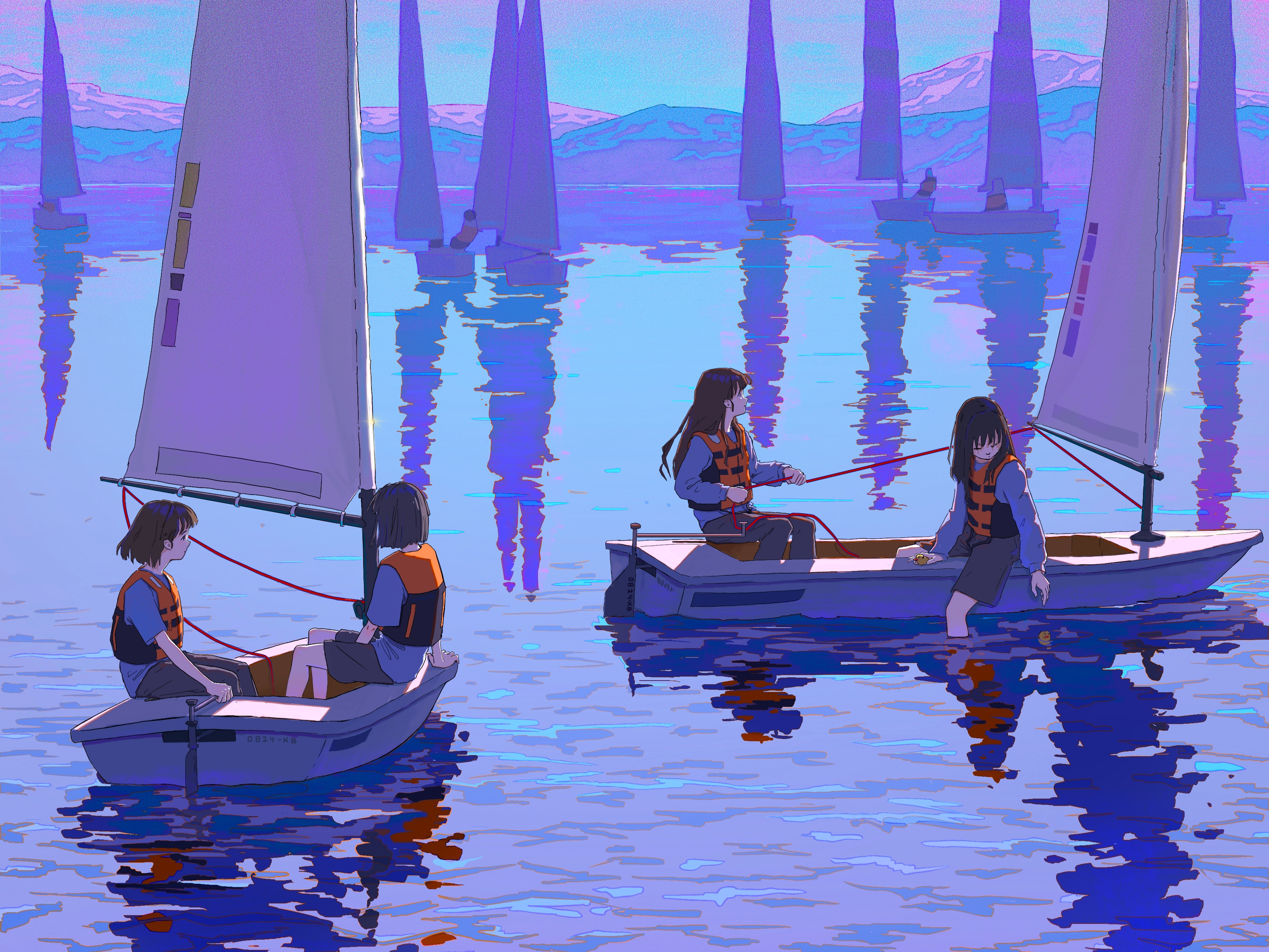 Free download wallpaper Anime, People, Lake, Reflection, Boat on your PC desktop