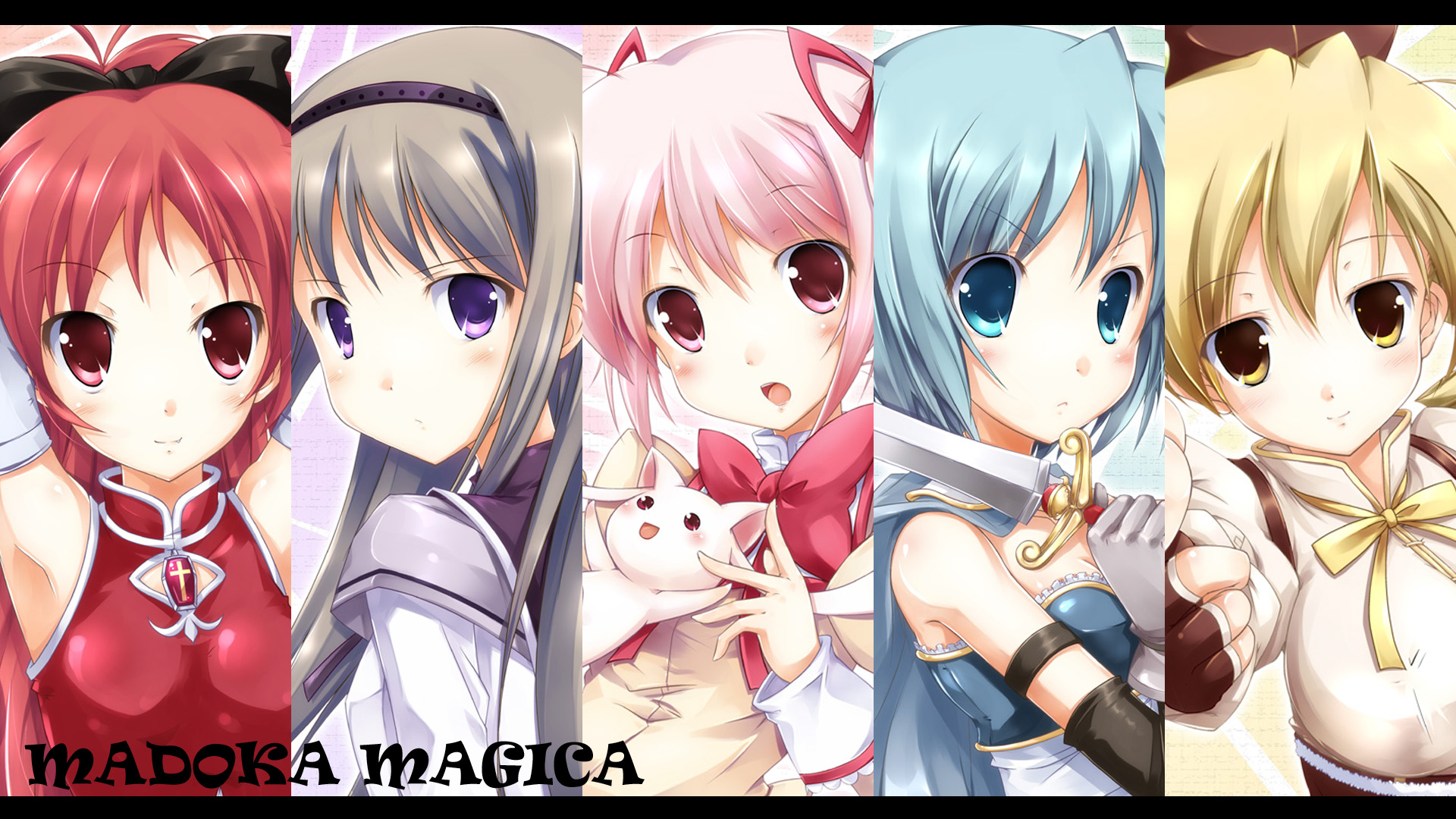 anime, puella magi madoka magica, homura akemi, kyuubey (puella magi madoka magica), kyōko sakura, madoka kaname, mami tomoe, sayaka miki