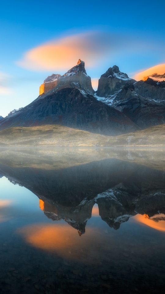 Download mobile wallpaper Landscape, Sunset, Mountains, Mountain, Lake, Reflection, Fog, Earth, Chile, Torres Del Paine for free.