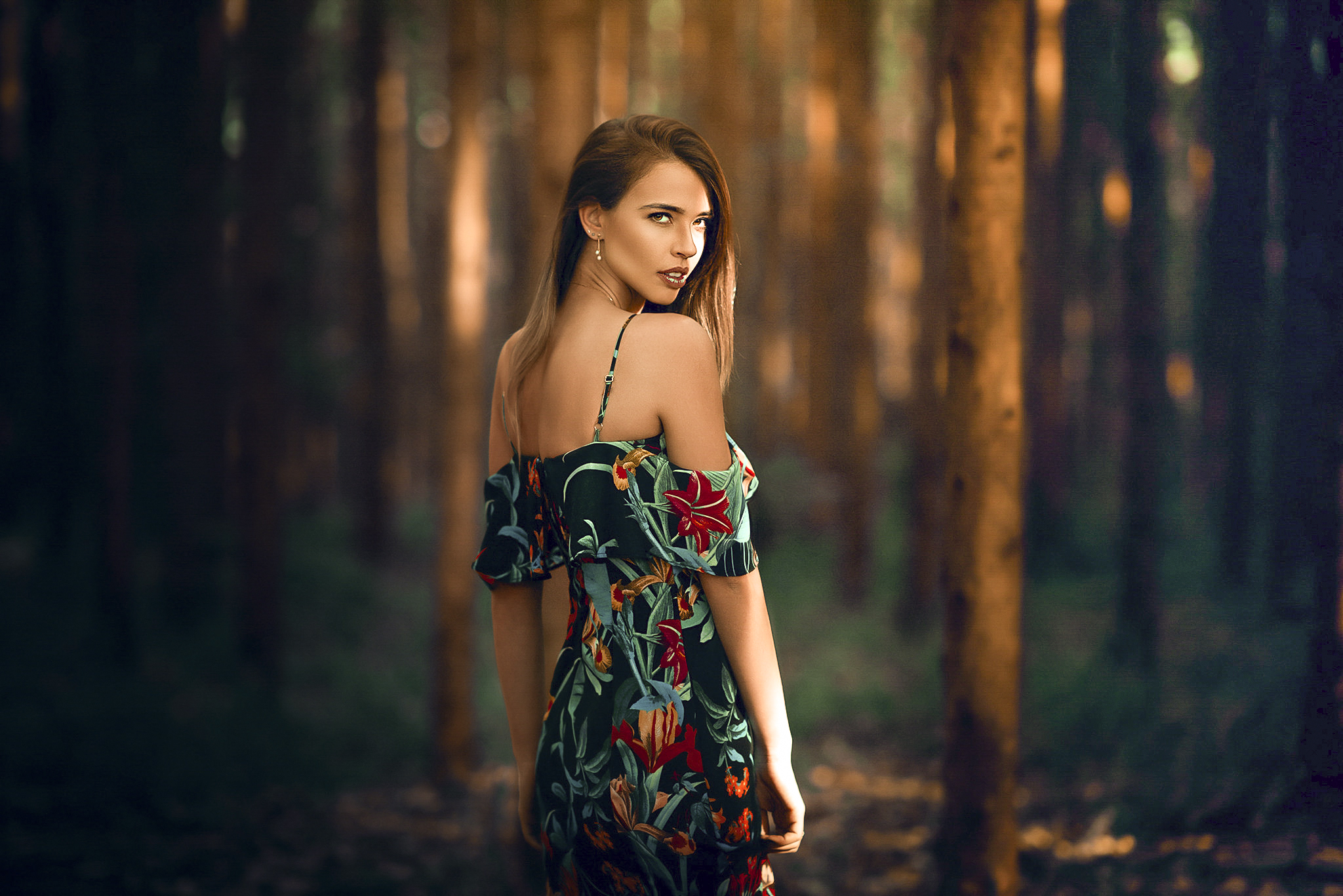 Download mobile wallpaper Forest, Dress, Brunette, Model, Women for free.