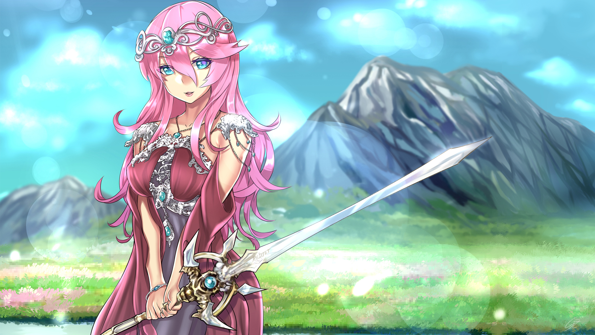 Download mobile wallpaper Anime, Sword, Blue Eyes, Original, Pink Hair, Long Hair, Woman Warrior for free.