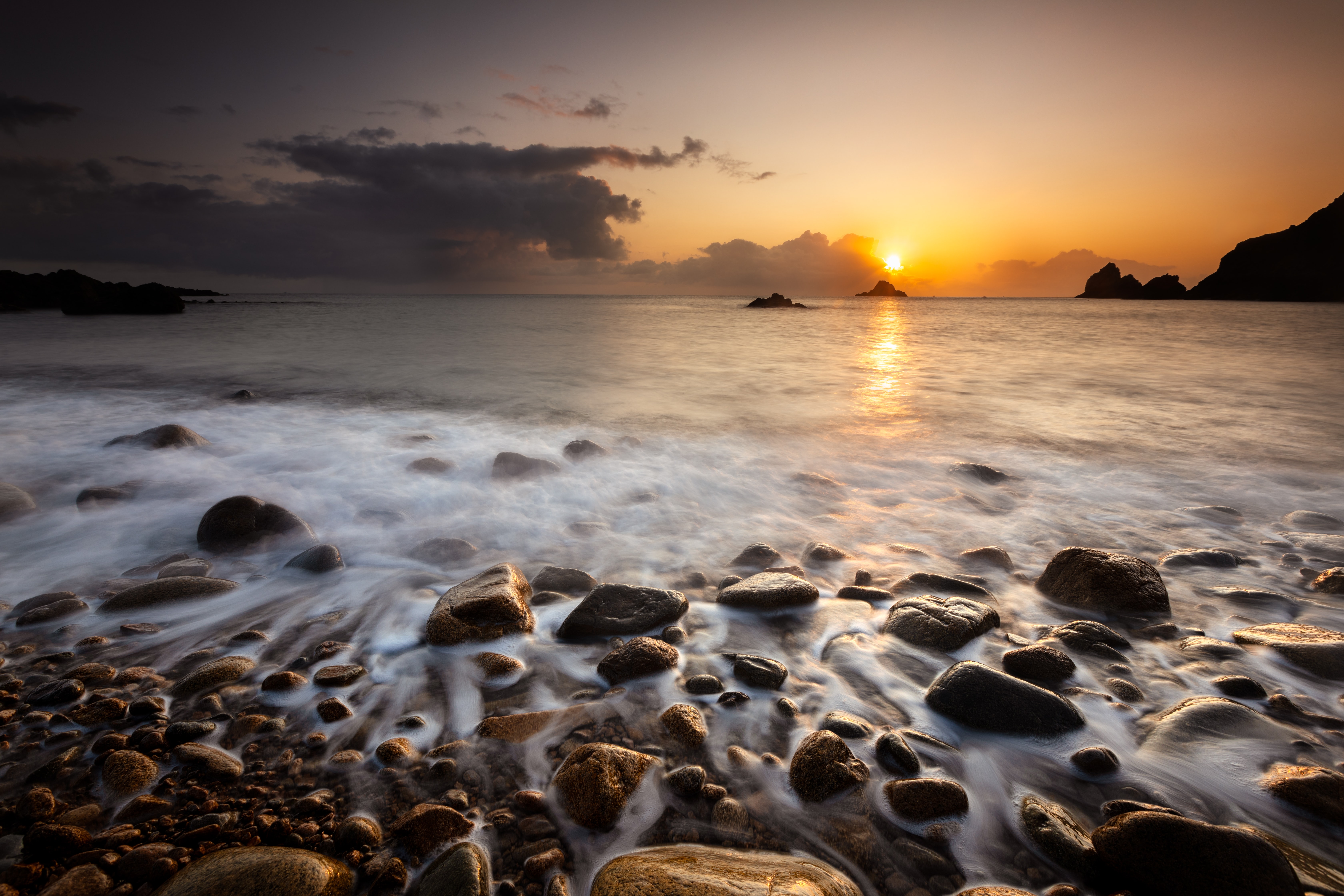 sea, nature, sunset, stones, pebble, horizon