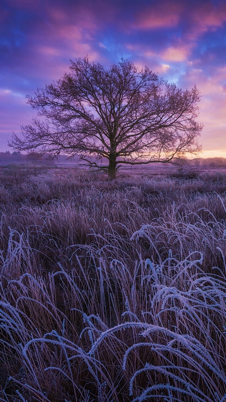 Download mobile wallpaper Winter, Sunset, Tree, Earth, Field, Frost for free.