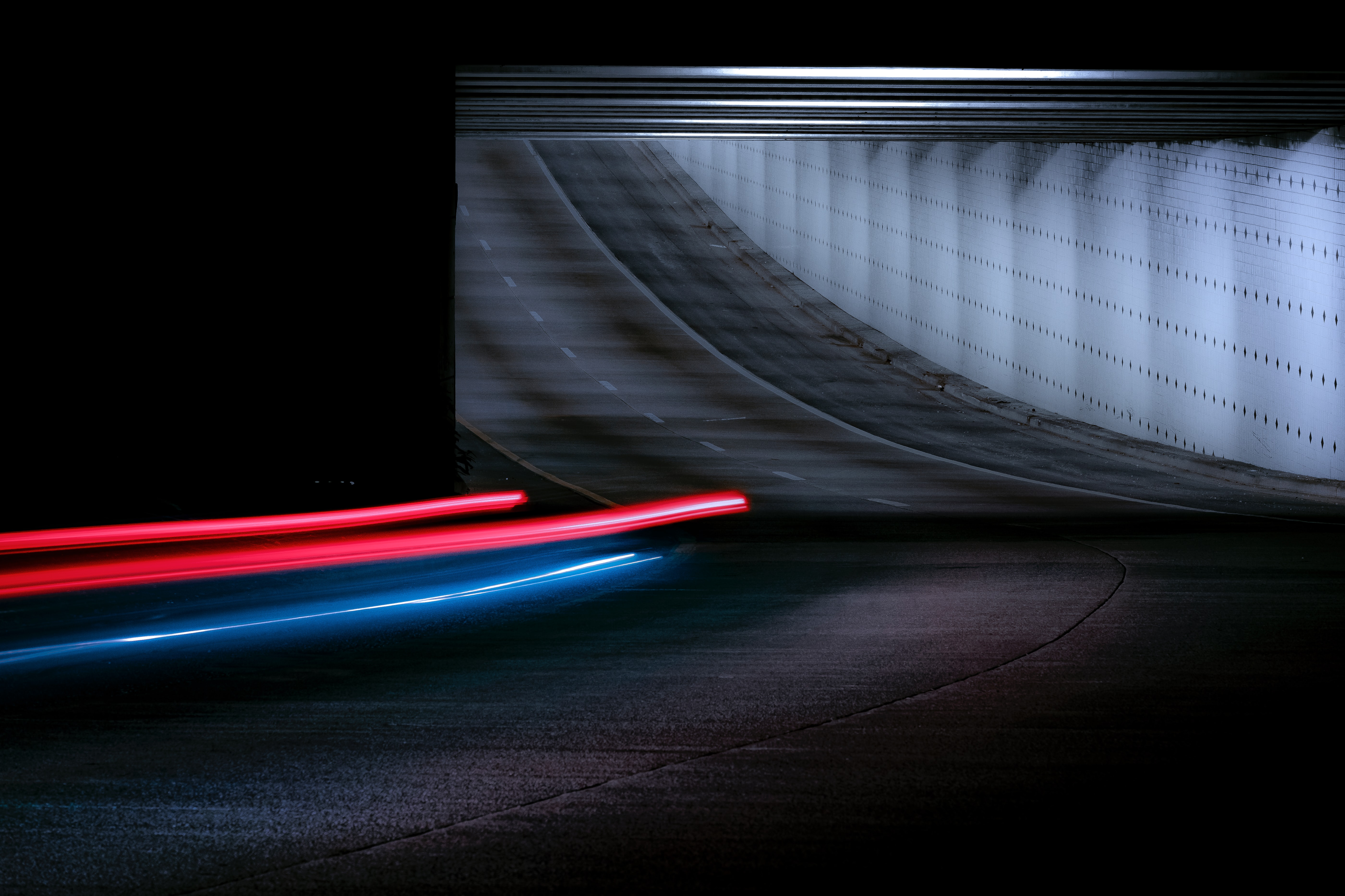 Download mobile wallpaper Road, Long Exposure, Tunnel, Lines, Dark for free.