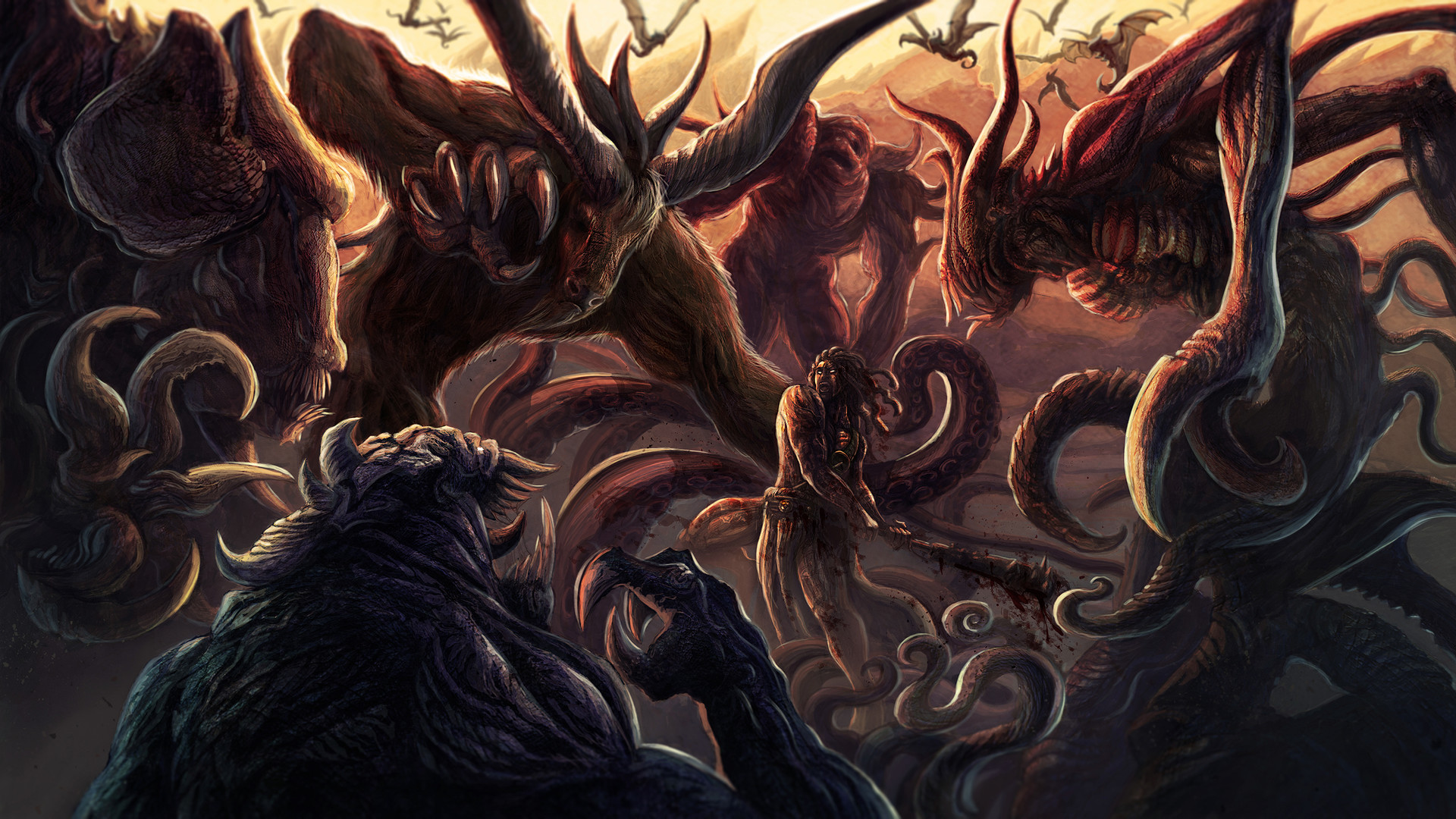 fantasy, warrior, creature, creepy, horns, tentacle
