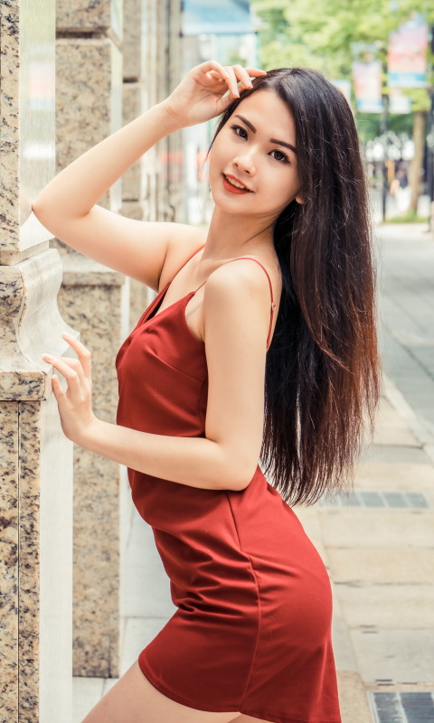 Download mobile wallpaper Brunette, Model, Women, Asian, Long Hair, Red Dress for free.