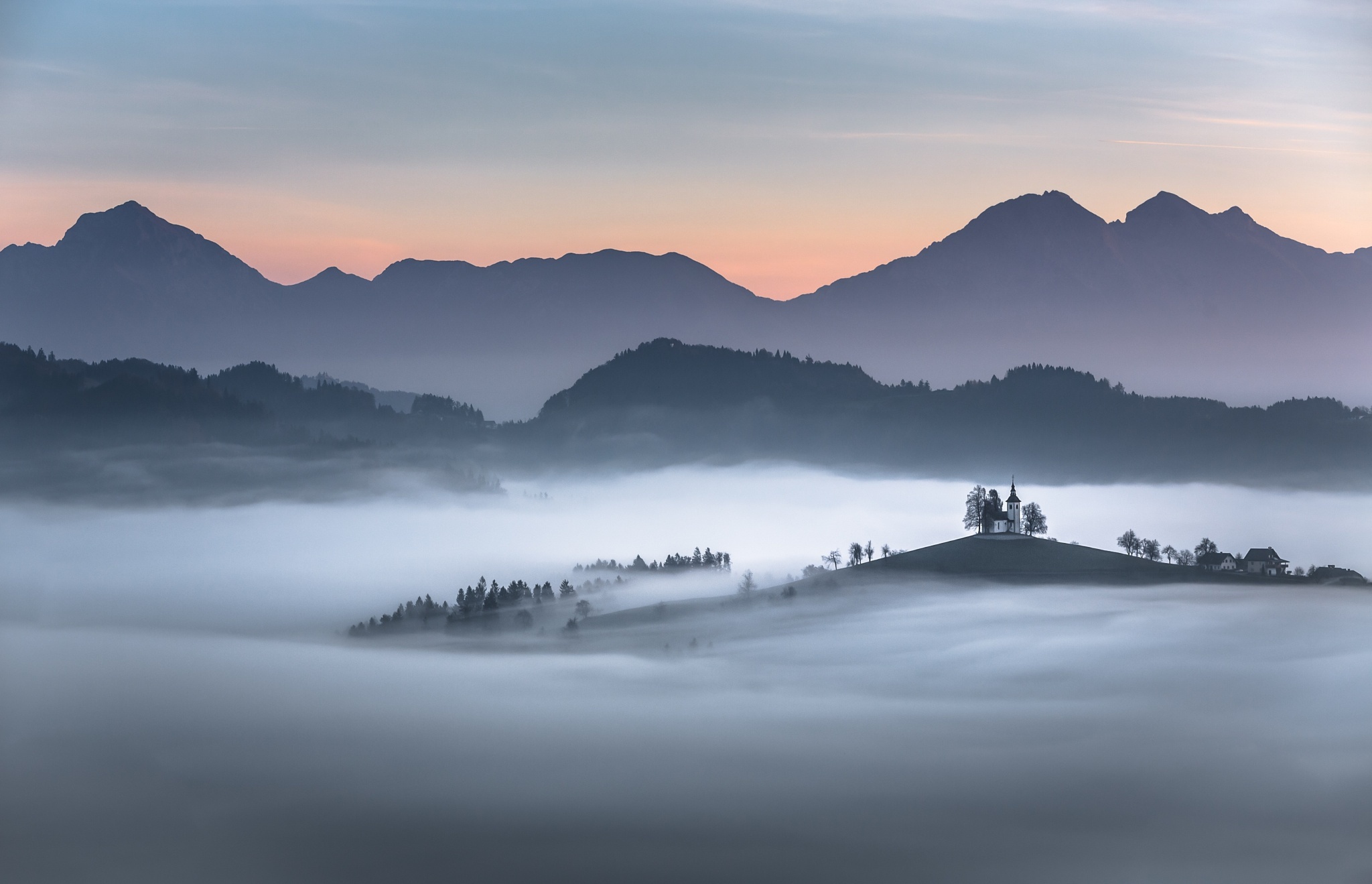 Download mobile wallpaper Landscape, Mountain, Fog, Church, Churches, Religious for free.
