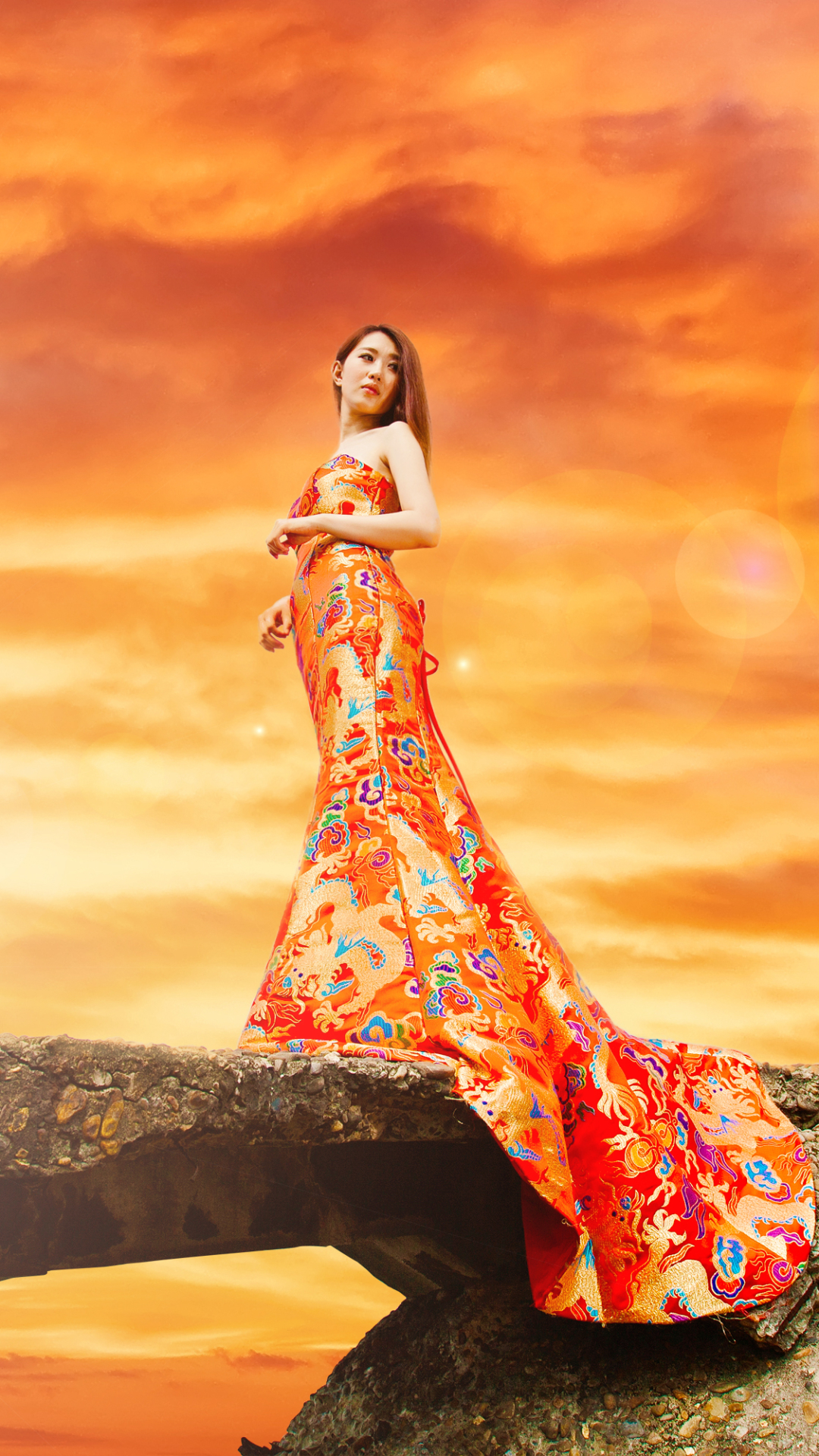 Download mobile wallpaper Sunset, Sky, Dress, Model, Women, Asian for free.