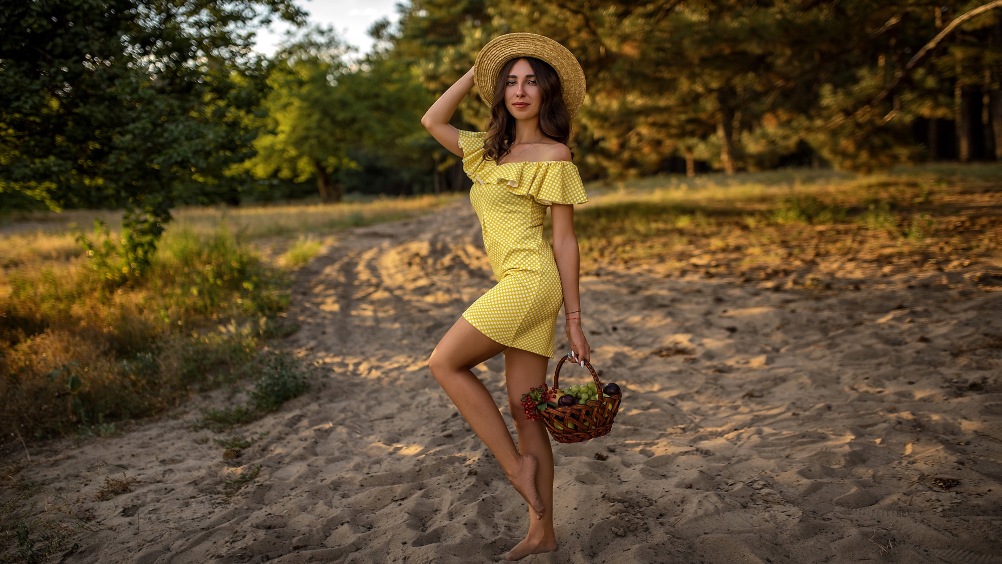 Download mobile wallpaper Hat, Brunette, Model, Women, Yellow Dress, Depth Of Field for free.