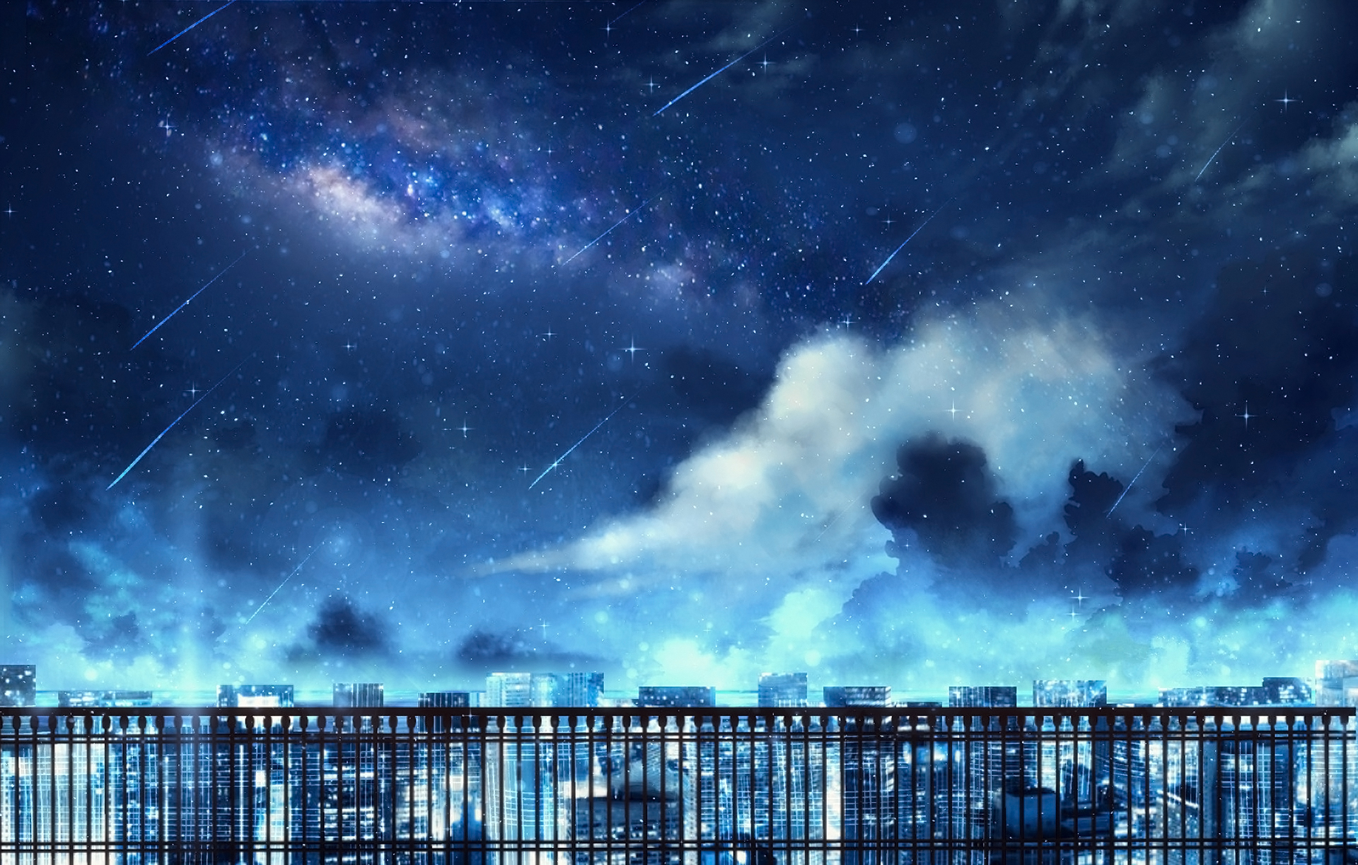 Free download wallpaper Anime, Sky, Stars, Night, City, Building, Cloud, Comet, Original on your PC desktop