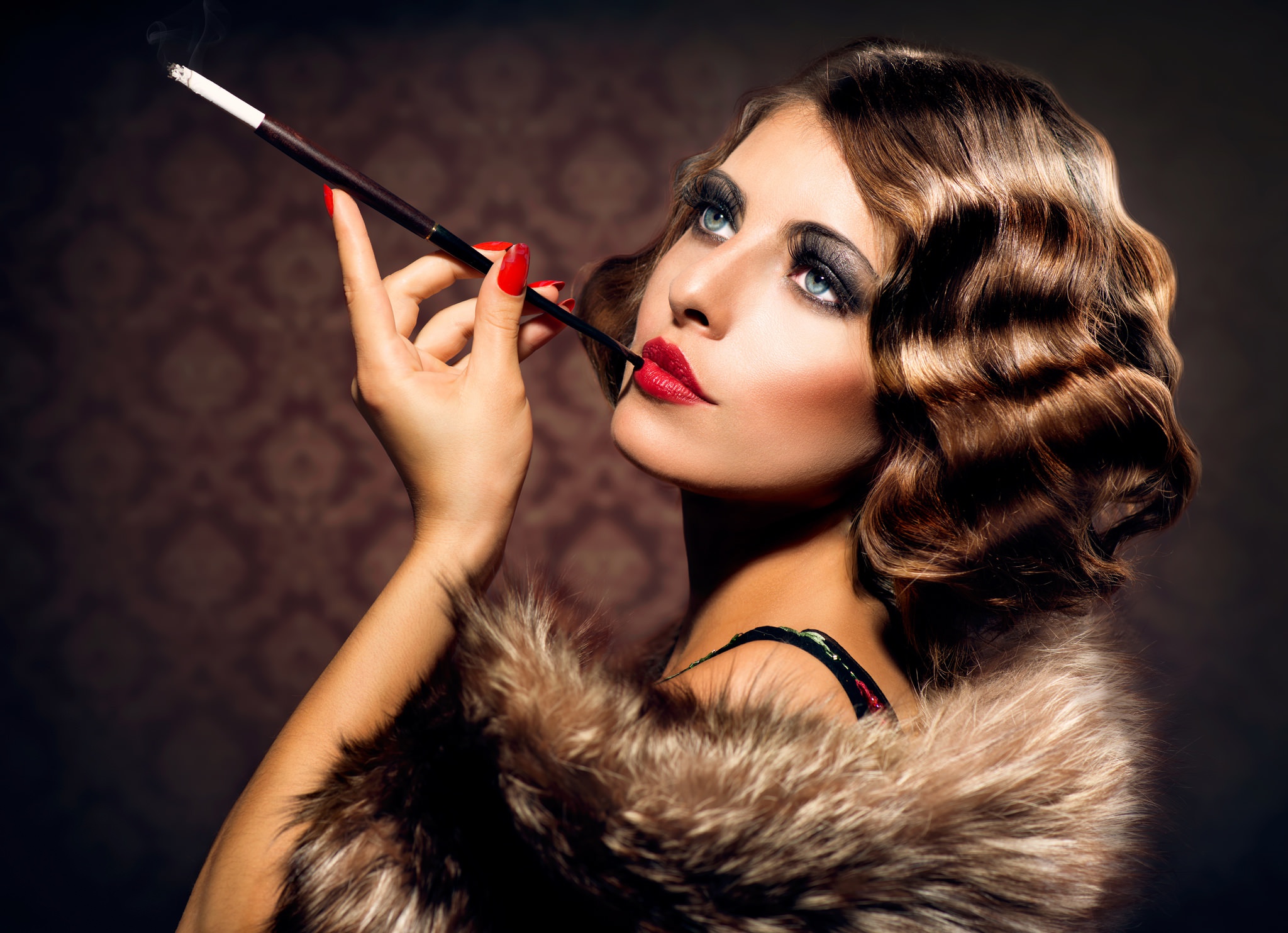 Download mobile wallpaper Brunette, Fashion, Model, Women, Blue Eyes, Lipstick, Smoking for free.