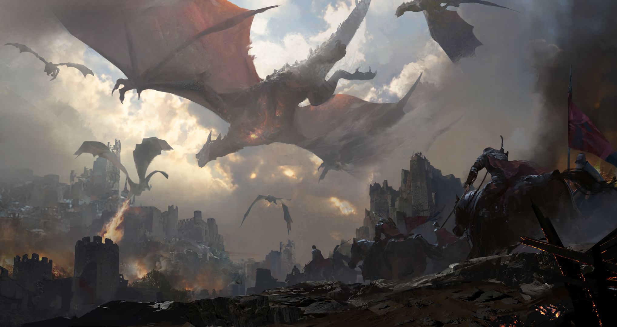 Download mobile wallpaper Fantasy, Dragon, Warrior, Horse, Battle, Castle for free.