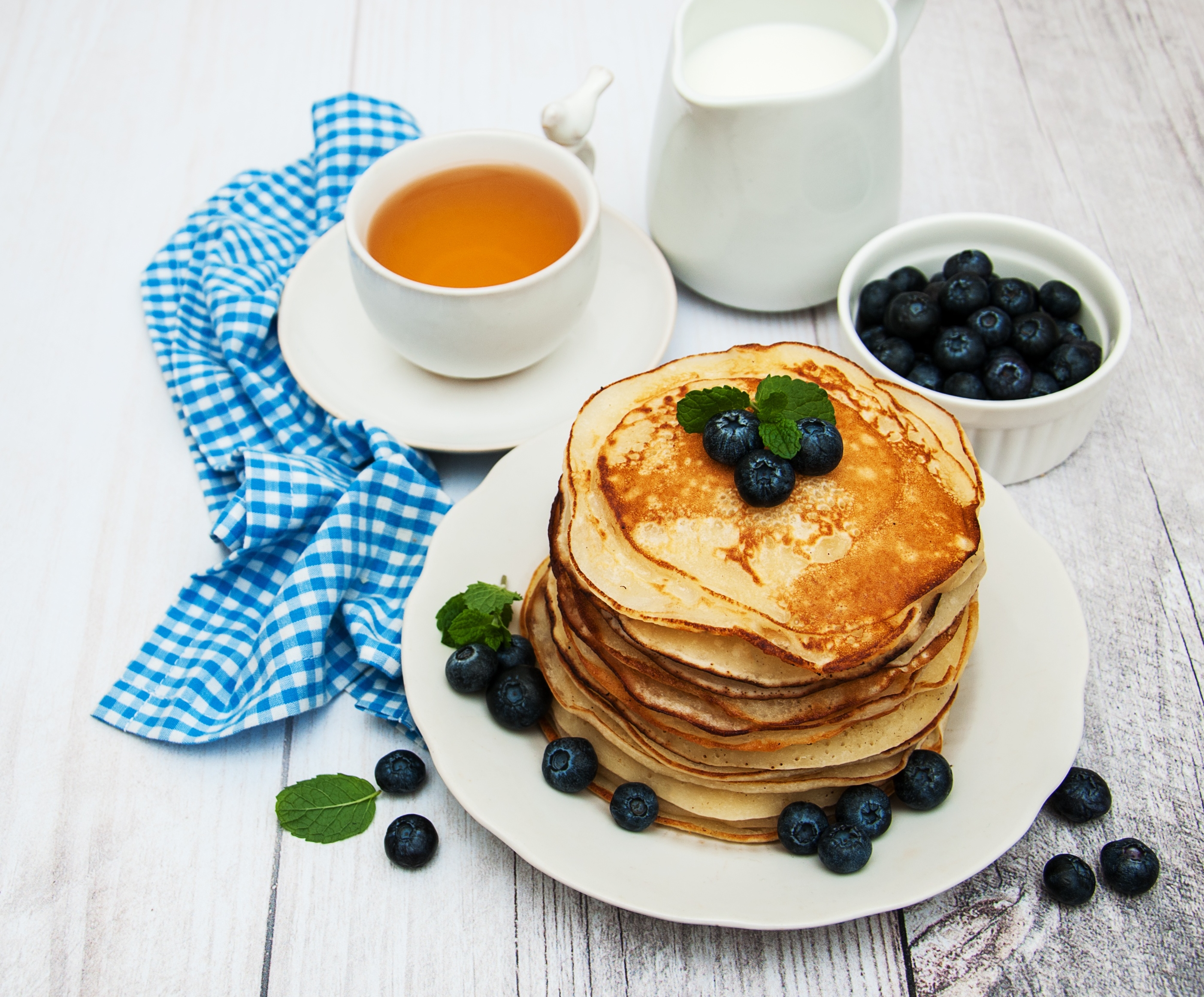 Download mobile wallpaper Food, Blueberry, Still Life, Berry, Tea, Breakfast, Crêpe for free.