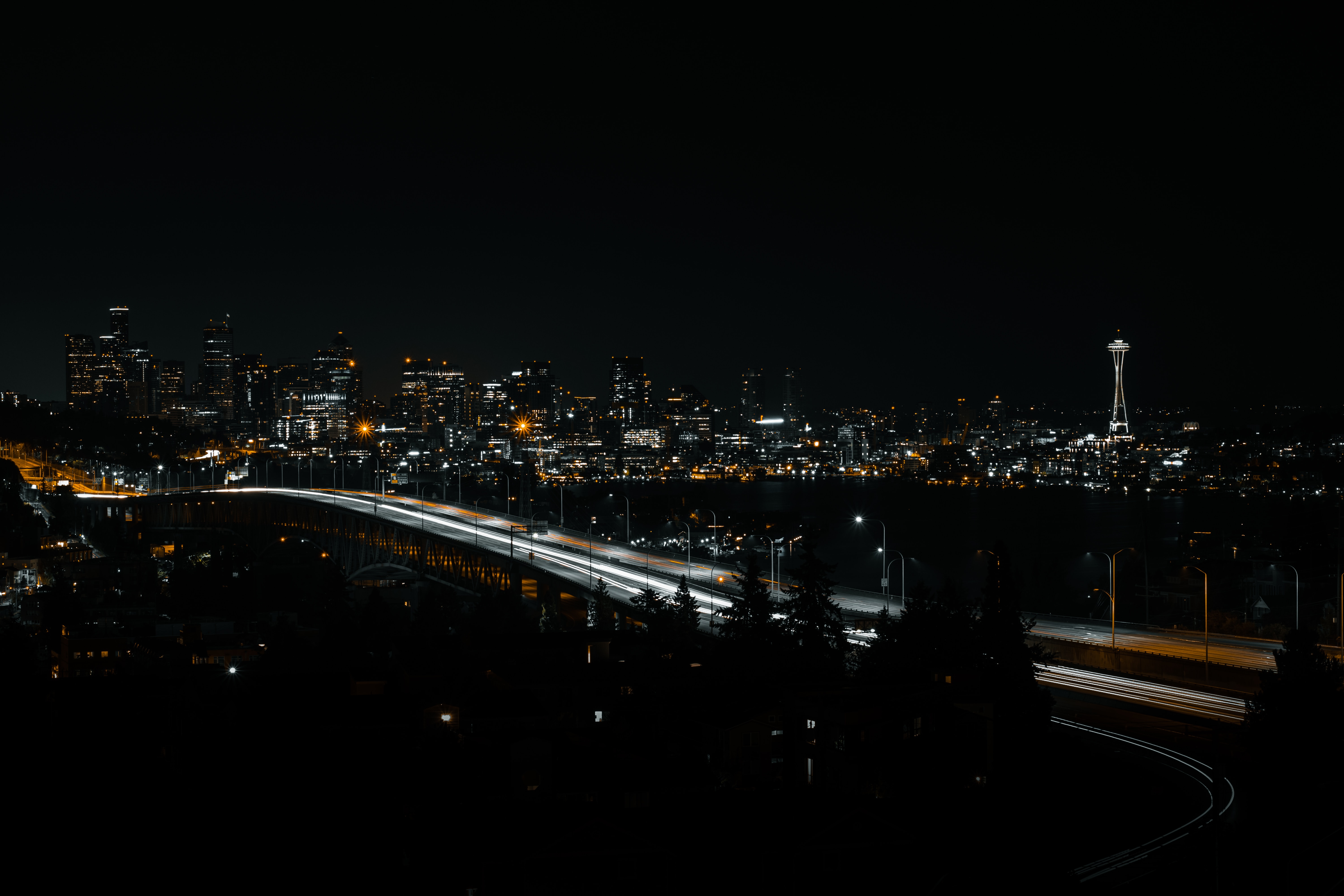 dark, cities, night, architecture, city, building, bridge Panoramic Wallpaper