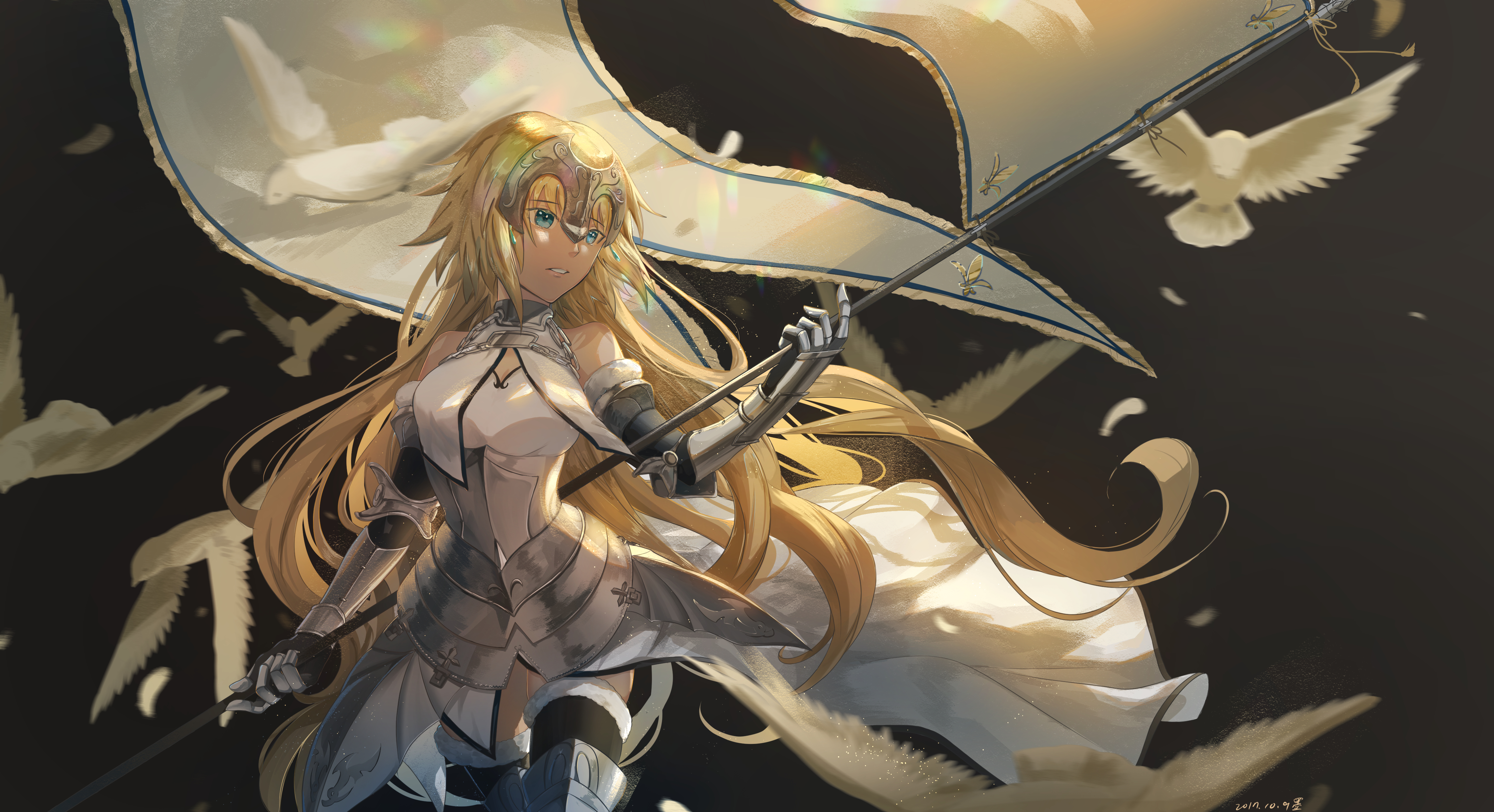 Free download wallpaper Anime, Bird, Blonde, Flag, Blue Eyes, Long Hair, Woman Warrior, Fate/grand Order, Jeanne D'arc (Fate Series), Ruler (Fate/apocrypha), Fate Series on your PC desktop