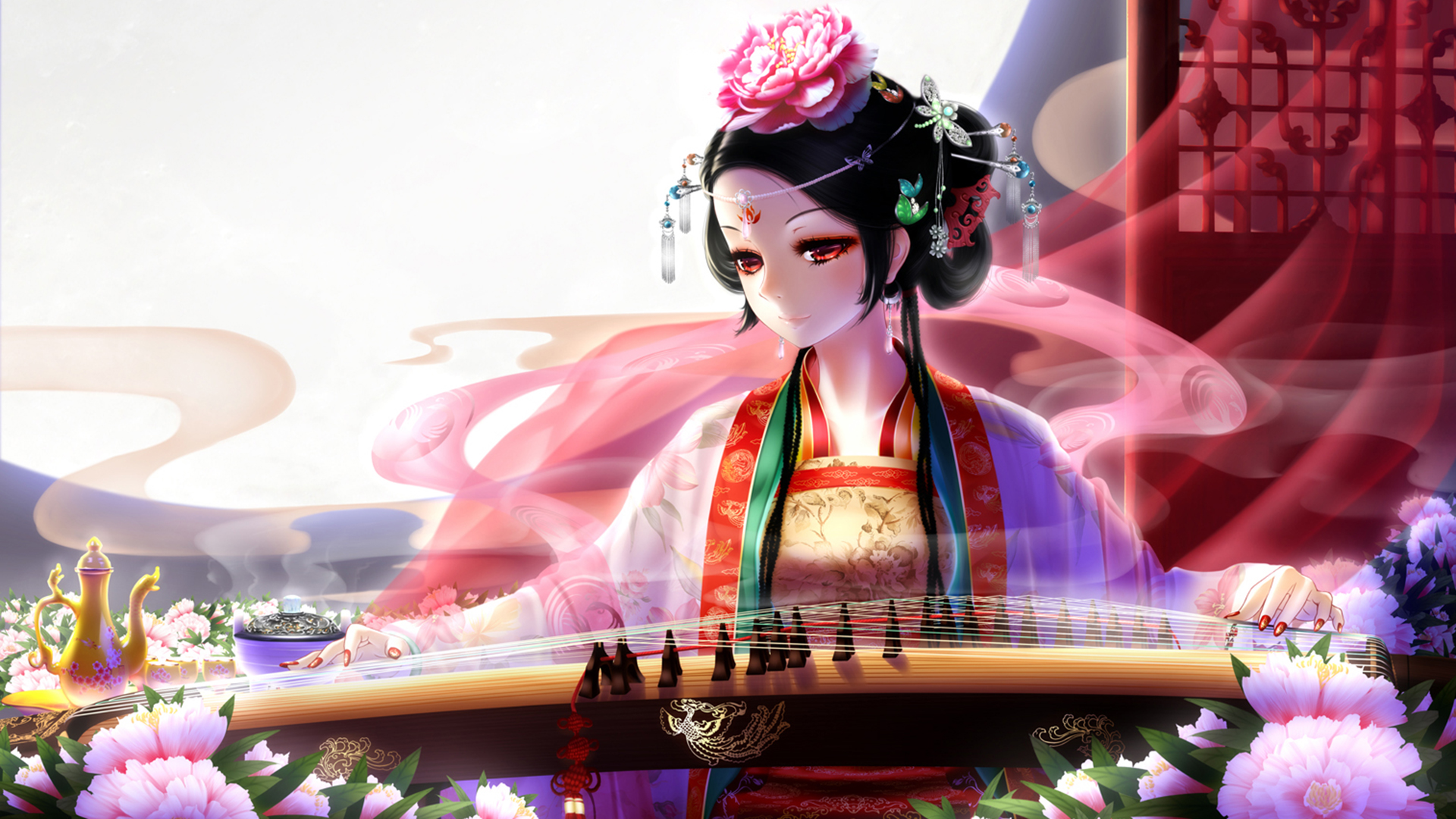 613229 descargar fondo de pantalla animado, geisha, lindo, flor, instrumento, ojos rojos, tatuaje: protectores de pantalla e imágenes gratis